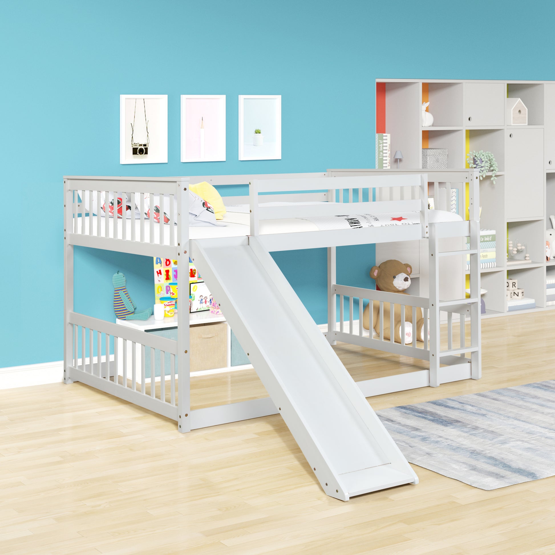 Full Over Full Bunk Bed With Slide And Ladder In White Color White Pine