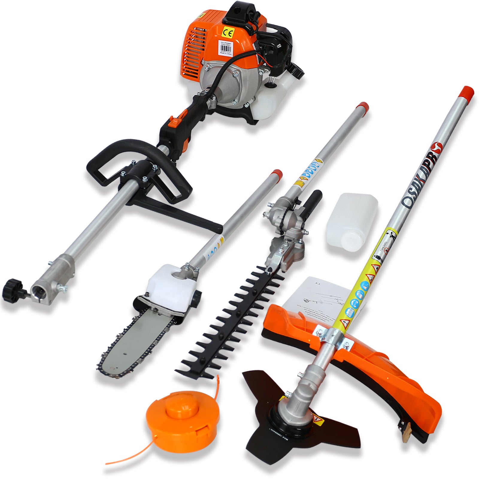 4 In 1 Multi Functional Trimming Tool, 52Cc 2 Cycle Garden Tool System With Gas Pole Saw, Hedge Trimmer, Grass Trimmer, And Brush Cutter Epa Compliant Red Plastic