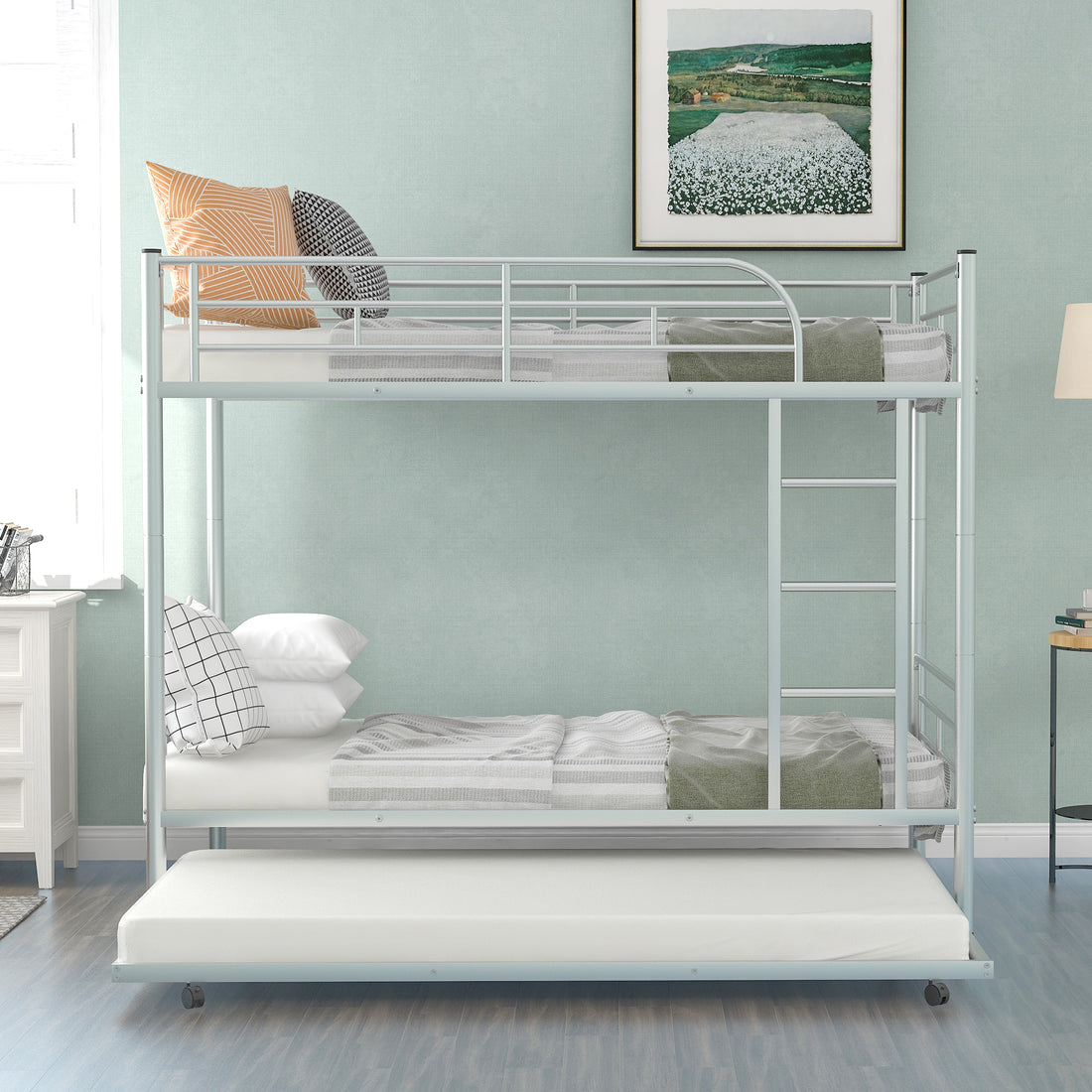 Twin Over Twin Metal Bunk Bed With Trundle,Can Be Divided Into Two Beds,No Box Spring Needed ,White Old Sku: Mf194806Aan Silver Metal