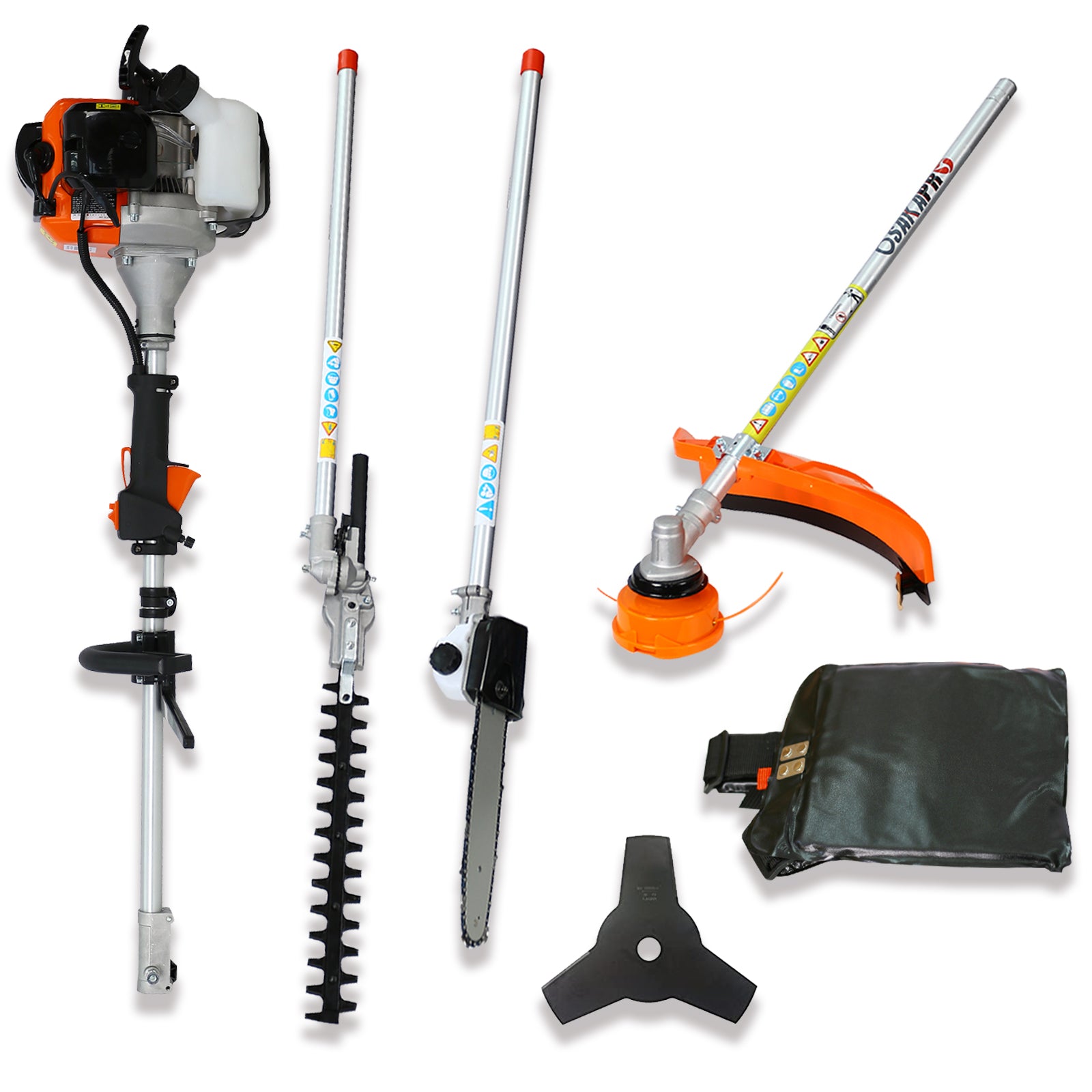 4 In 1 Multi Functional Trimming Tool, 56Cc 2 Cycle Garden Tool System With Gas Pole Saw, Hedge Trimmer, Grass Trimmer, And Brush Cutter Epa Compliant Orange Plastic