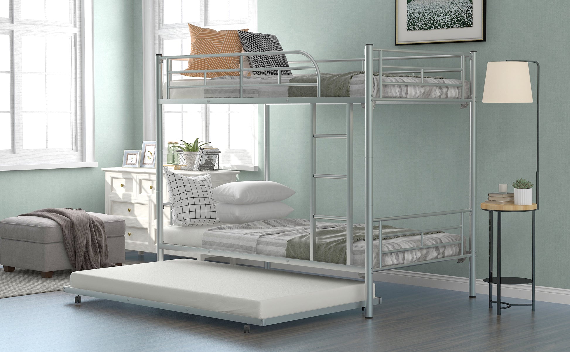 Twin Over Twin Metal Bunk Bed With Trundle,Can Be Divided Into Two Beds,No Box Spring Needed ,White Old Sku: Mf194806Aan Silver Metal