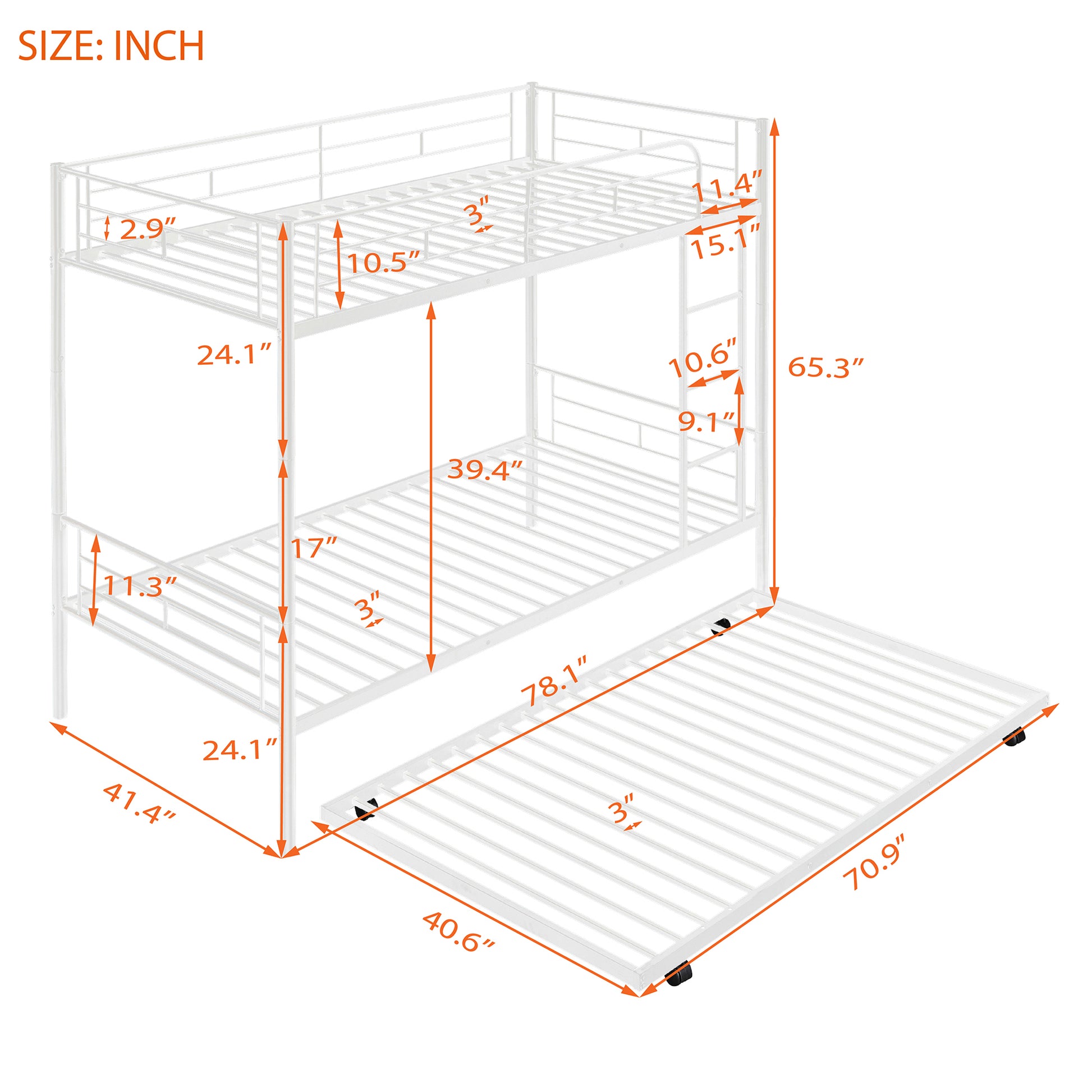 Twin Over Twin Metal Bunk Bed With Trundle,Can Be Divided Into Two Beds,No Box Spring Needed ,White Old Sku: Mf194806Aak White Metal