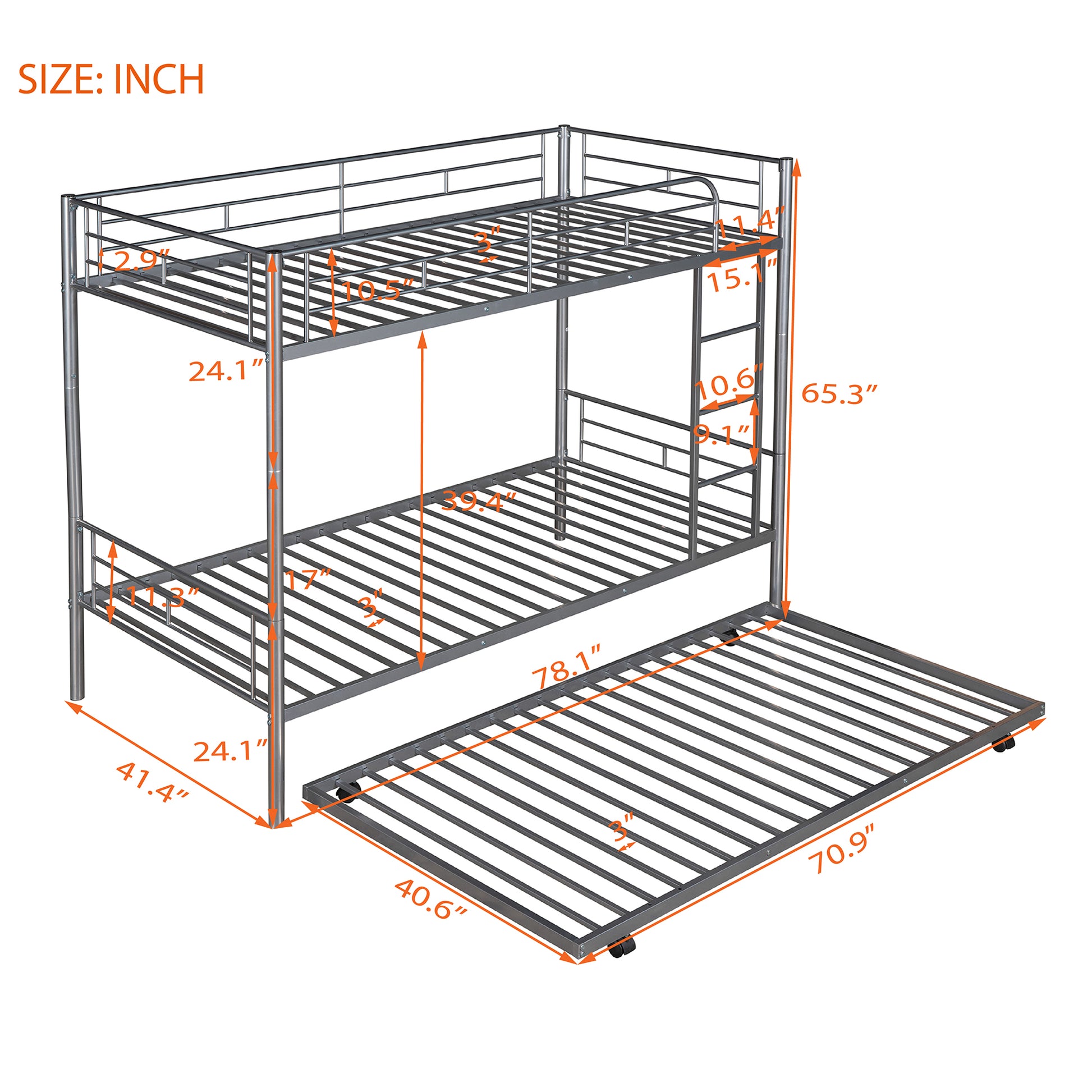 Twin Over Twin Metal Bunk Bed With Trundle,Can Be Divided Into Two Beds,No Box Spring Needed ,White Old Sku: Mf194806Aan Silver Metal