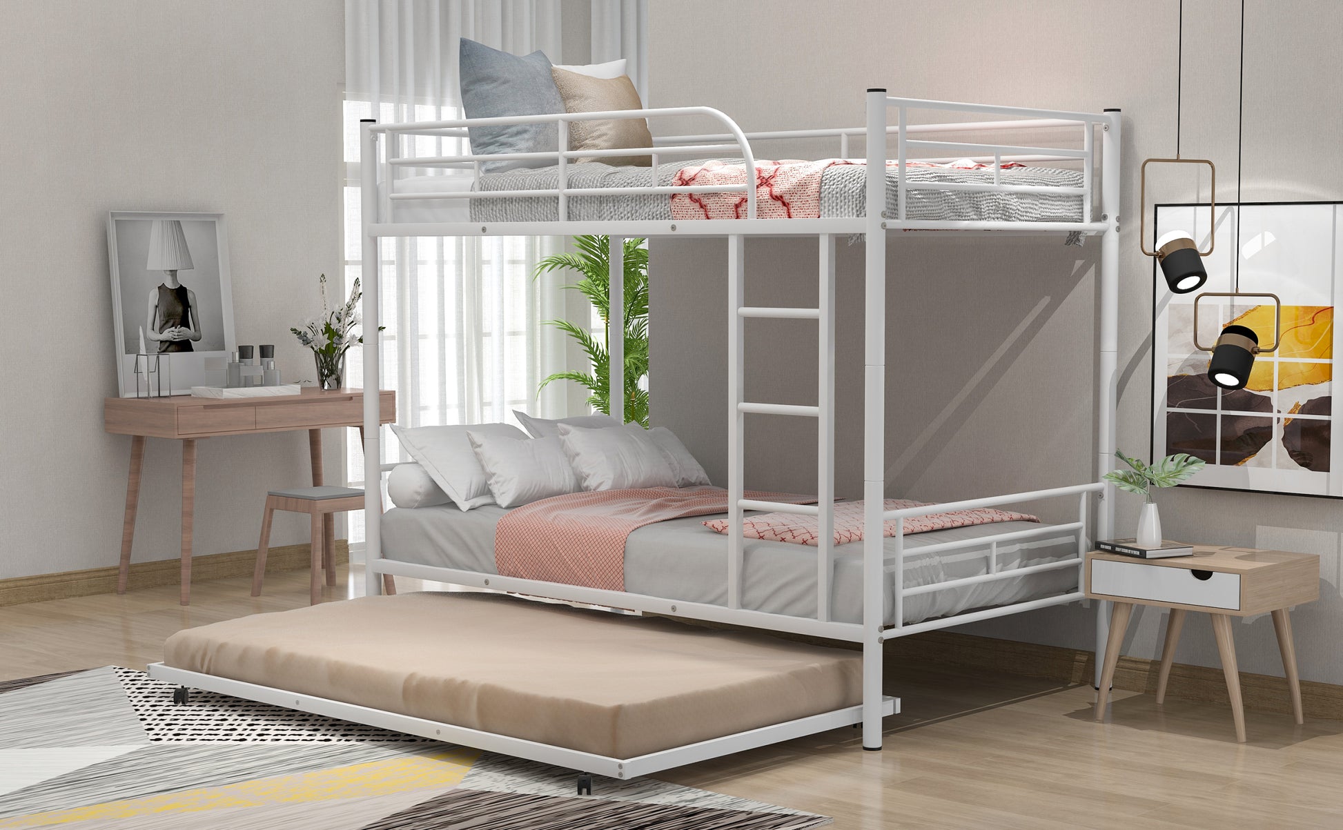 Twin Over Twin Metal Bunk Bed With Trundle,Can Be Divided Into Two Beds,No Box Spring Needed ,White Old Sku: Mf194806Aak White Metal