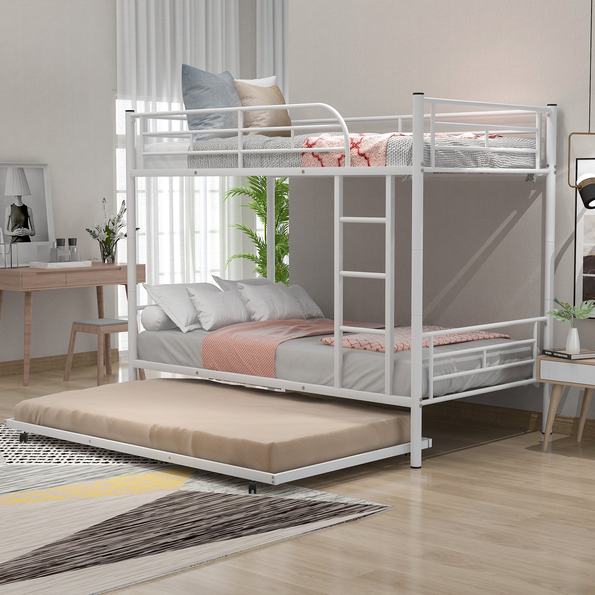 Twin Over Twin Metal Bunk Bed With Trundle,Can Be Divided Into Two Beds,No Box Spring Needed ,White Old Sku: Mf194806Aak White Metal