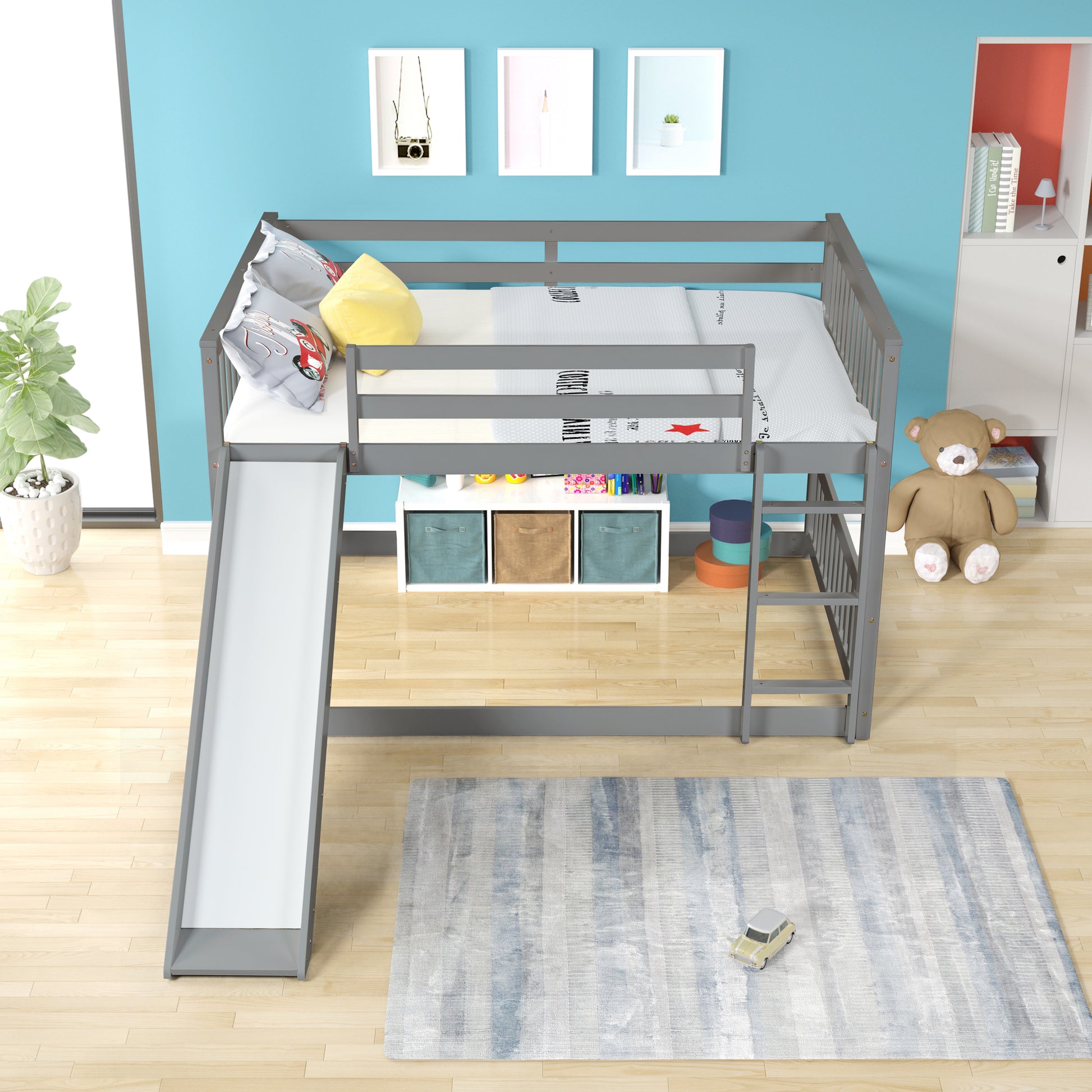 Full Over Full Bunk Bed With Slide And Ladder In Grey Color Grey Pine