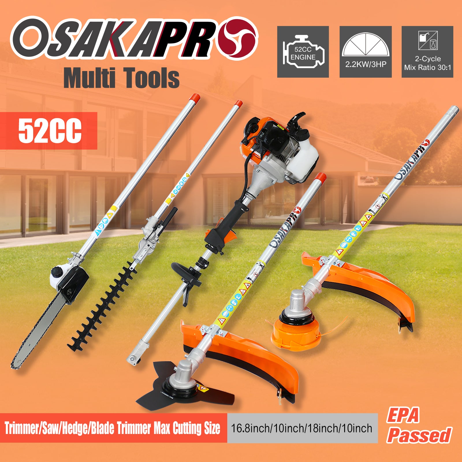 4 In 1 Multi Functional Trimming Tool, 52Cc 2 Cycle Garden Tool System With Gas Pole Saw, Hedge Trimmer, Grass Trimmer, And Brush Cutter Epa Compliant Red Plastic