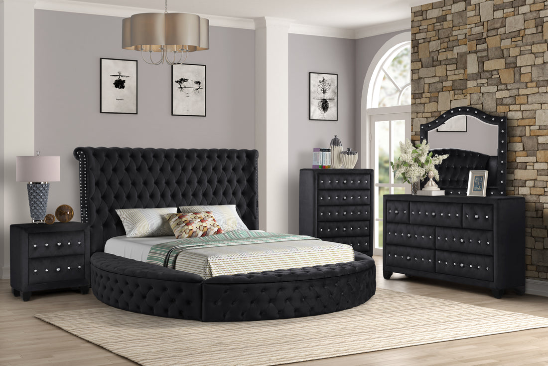 King 5 Pc Bedroom Set Made With Wood In Black Color Box Spring Not Required King Black Wood 5 Piece Set Bedroom Bed Included,Chest Included,Dresser Included,Mirror Included,Nightstand Included Contemporary,Modern Solid Wood Mdf Velvet Tufted Wood