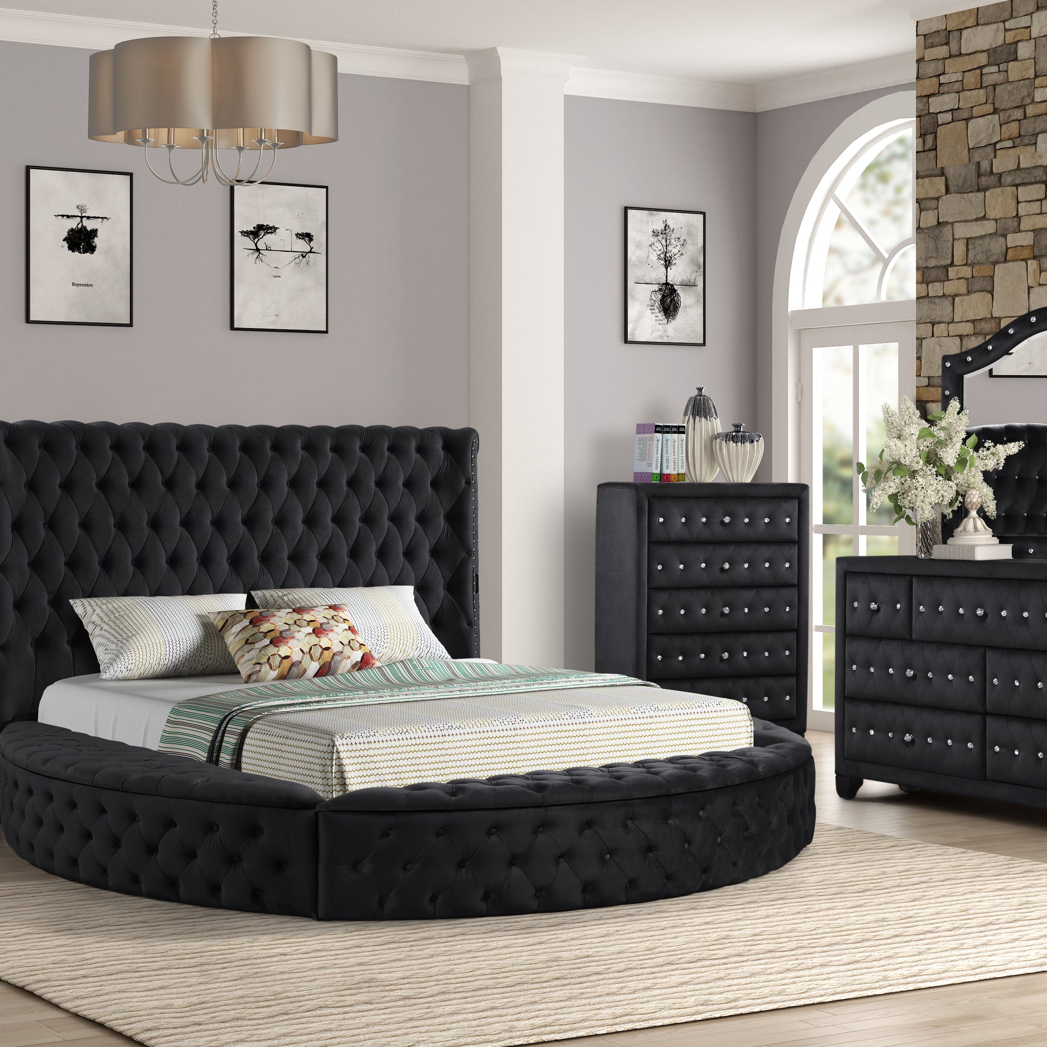 Queen 5 Pc Bedroom Set Made With Wood In Black Color Box Spring Not Required Queen Black Wood 4 Piece Set Bedroom Bed Included,Chest Included,Dresser Included,Mirror Included,Nightstand Included Contemporary,Modern Solid Wood Mdf Velvet Tufted Wood