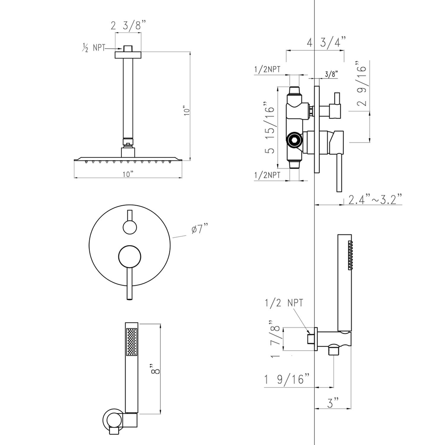 Ceiling Mount Round Shower Combo Set With 10" Rain Shower Head And Handheld Shower Head Set With Pressure Balancing Valve Matt Black Brass