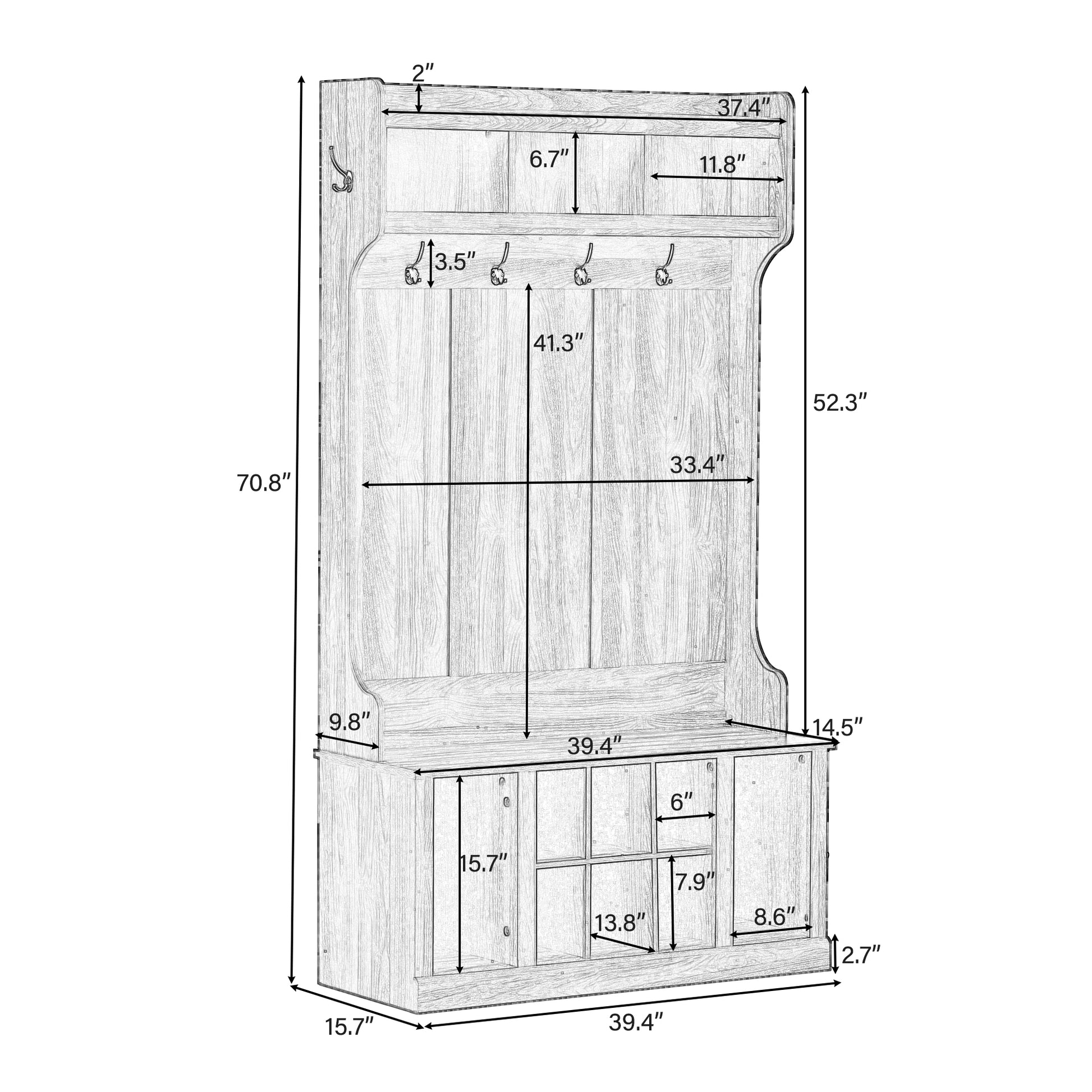 Hall Tree With 6 Hookscoat Hanger, Entryway Bench, Storage Bench, 3 In 1 Design, 39.4Inch, For Entrance, Hallway White White Particle Board