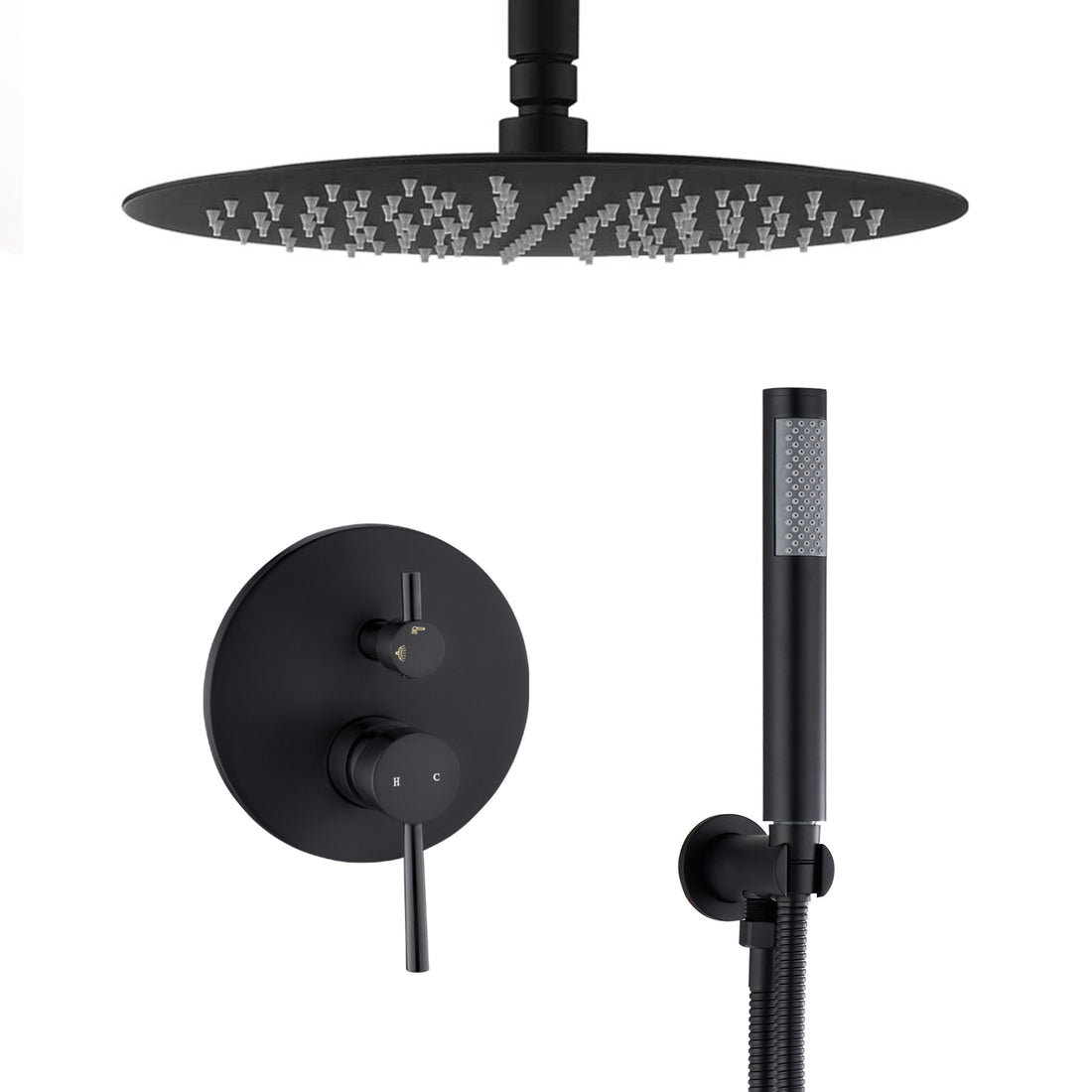 Ceiling Mount Round Shower Combo Set With 10" Rain Shower Head And Handheld Shower Head Set With Pressure Balancing Valve Matt Black Brass