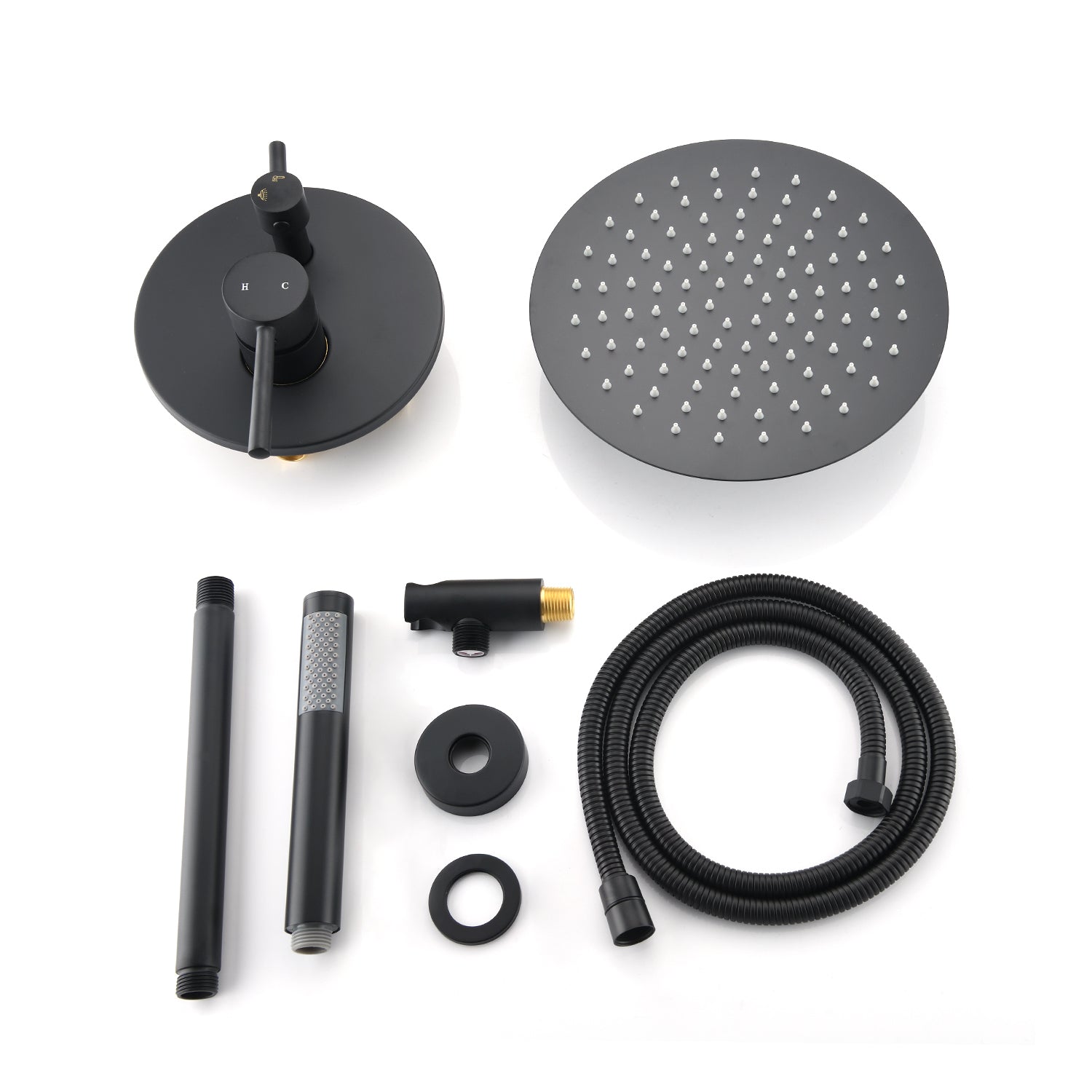 Ceiling Mount Round Shower Combo Set With 10" Rain Shower Head And Handheld Shower Head Set With Pressure Balancing Valve Matt Black Brass