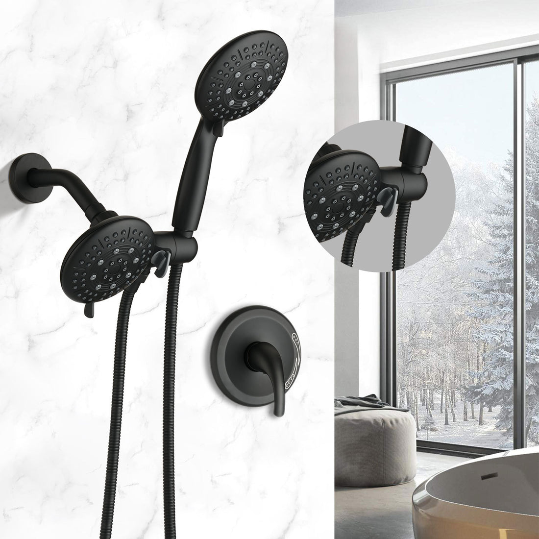 Classic High Pressure Single Handle 6 Spray Patterns Rain Shower Head With Handheld Shower Valve Included Matte Black Brass