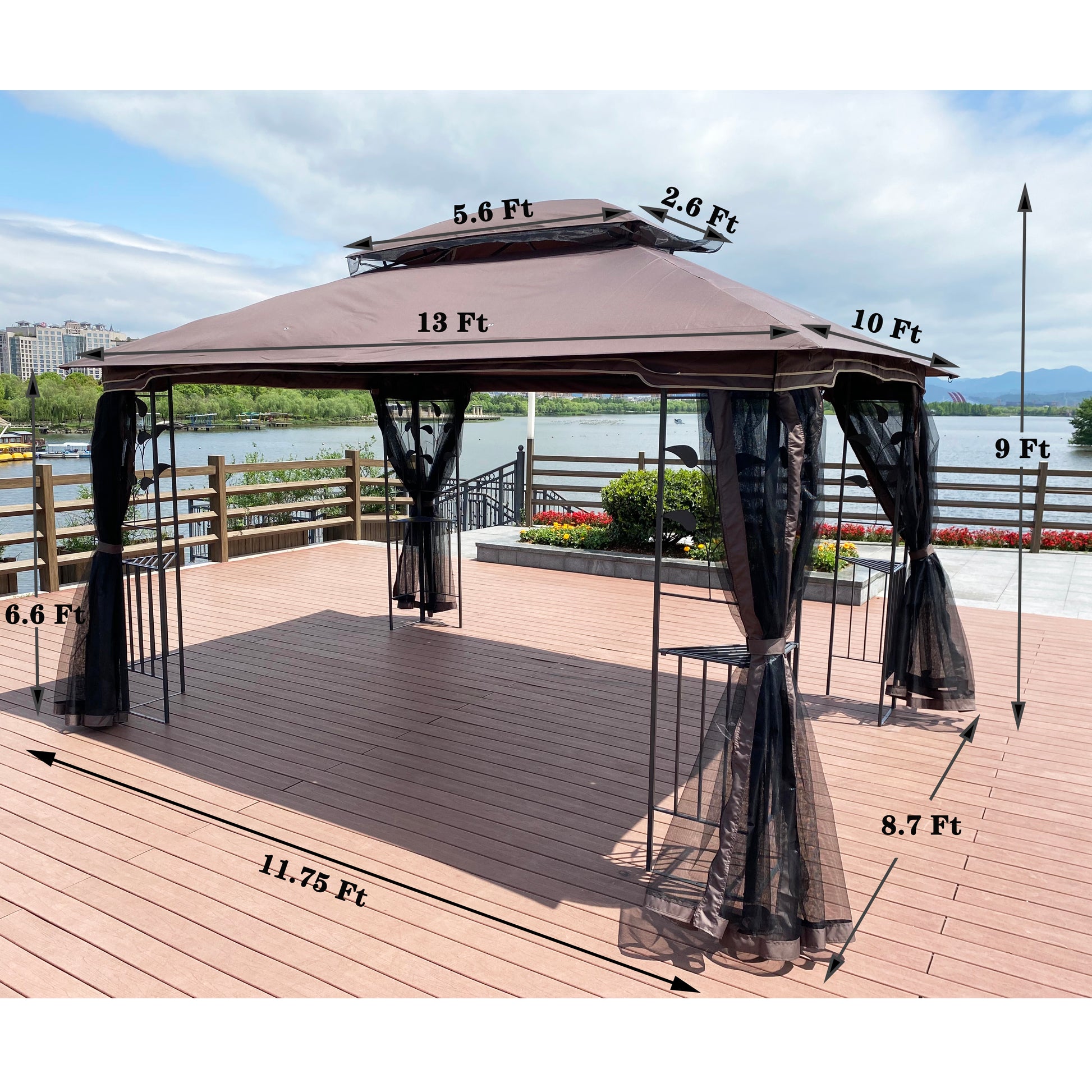 13X10 Outdoor Patio Gazebo Canopy Tent With Ventilated Double Roof And Mosquito Net Detachable Mesh Screen On All Sides ,Suitable For Lawn, Garden, Backyard And Deck,Brown Top Brown Metal