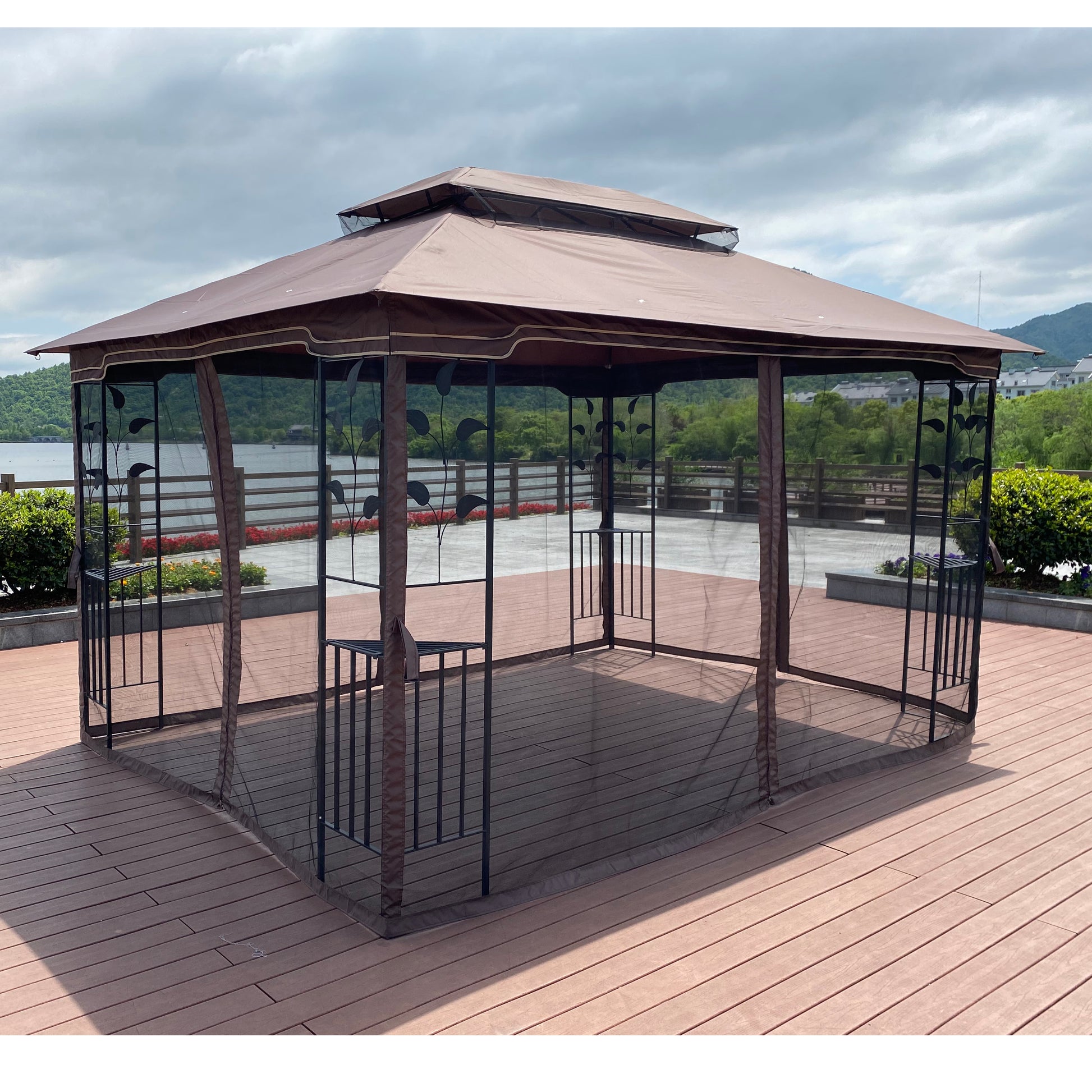 13X10 Outdoor Patio Gazebo Canopy Tent With Ventilated Double Roof And Mosquito Net Detachable Mesh Screen On All Sides ,Suitable For Lawn, Garden, Backyard And Deck,Brown Top Brown Metal