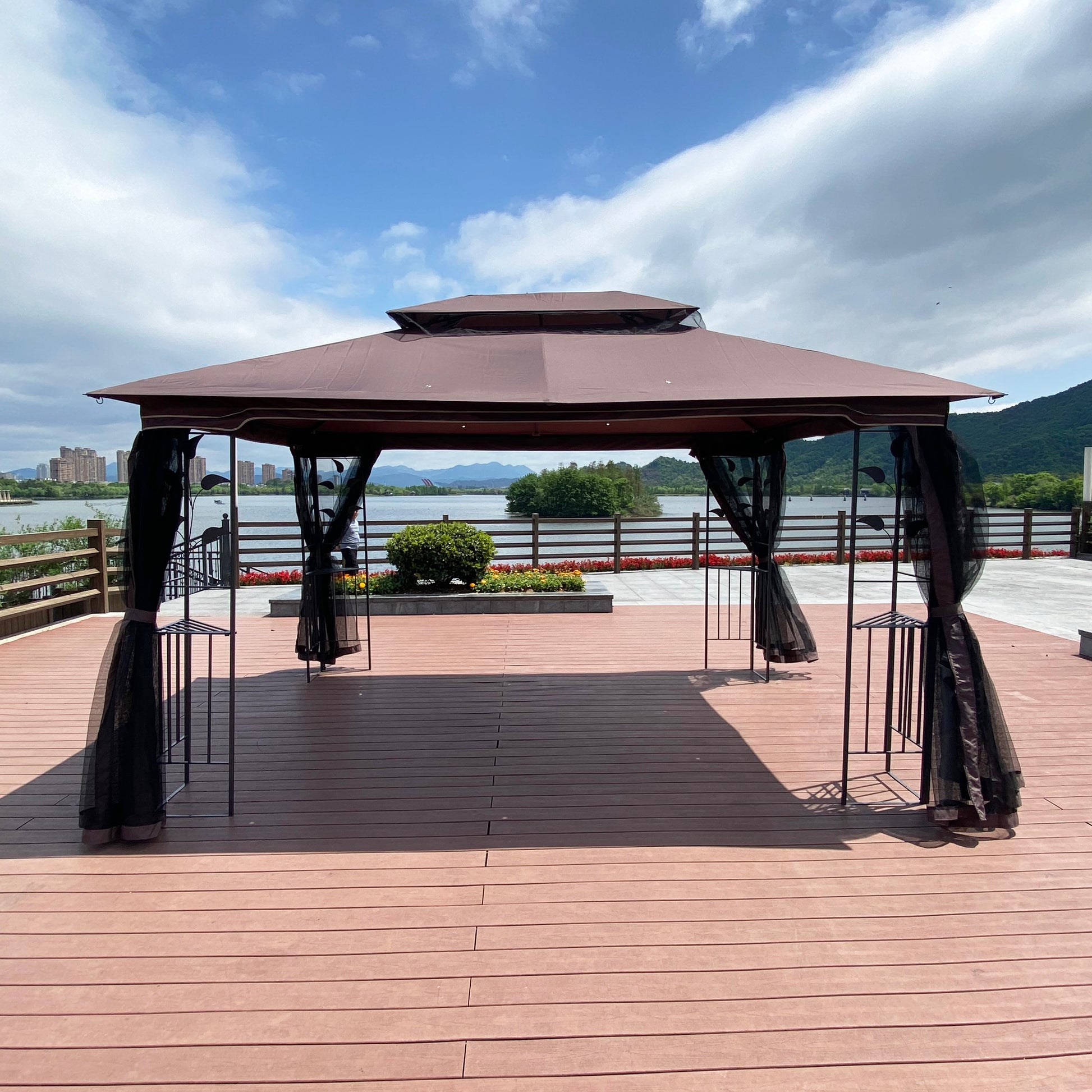 13X10 Outdoor Patio Gazebo Canopy Tent With Ventilated Double Roof And Mosquito Net Detachable Mesh Screen On All Sides ,Suitable For Lawn, Garden, Backyard And Deck,Brown Top Brown Metal