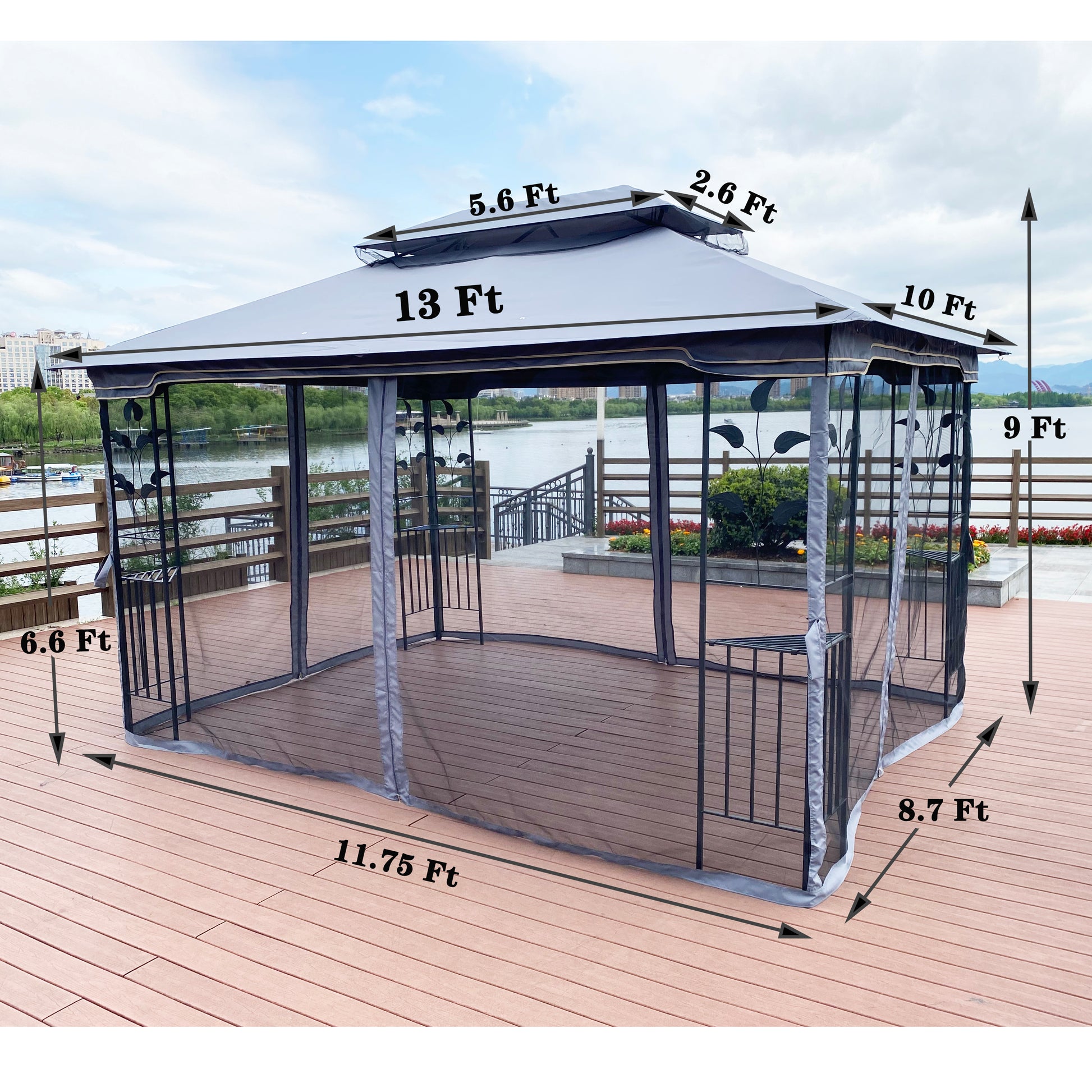 13X10 Outdoor Patio Gazebo Canopy Tent With Ventilated Double Roof And Mosquito Net Detachable Mesh Screen On All Sides ,Suitable For Lawn, Garden, Backyard And Deck,Gray Top Gray Metal