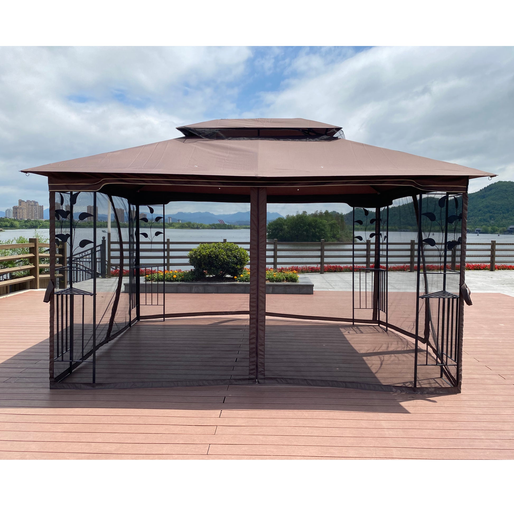 13X10 Outdoor Patio Gazebo Canopy Tent With Ventilated Double Roof And Mosquito Net Detachable Mesh Screen On All Sides ,Suitable For Lawn, Garden, Backyard And Deck,Brown Top Brown Metal