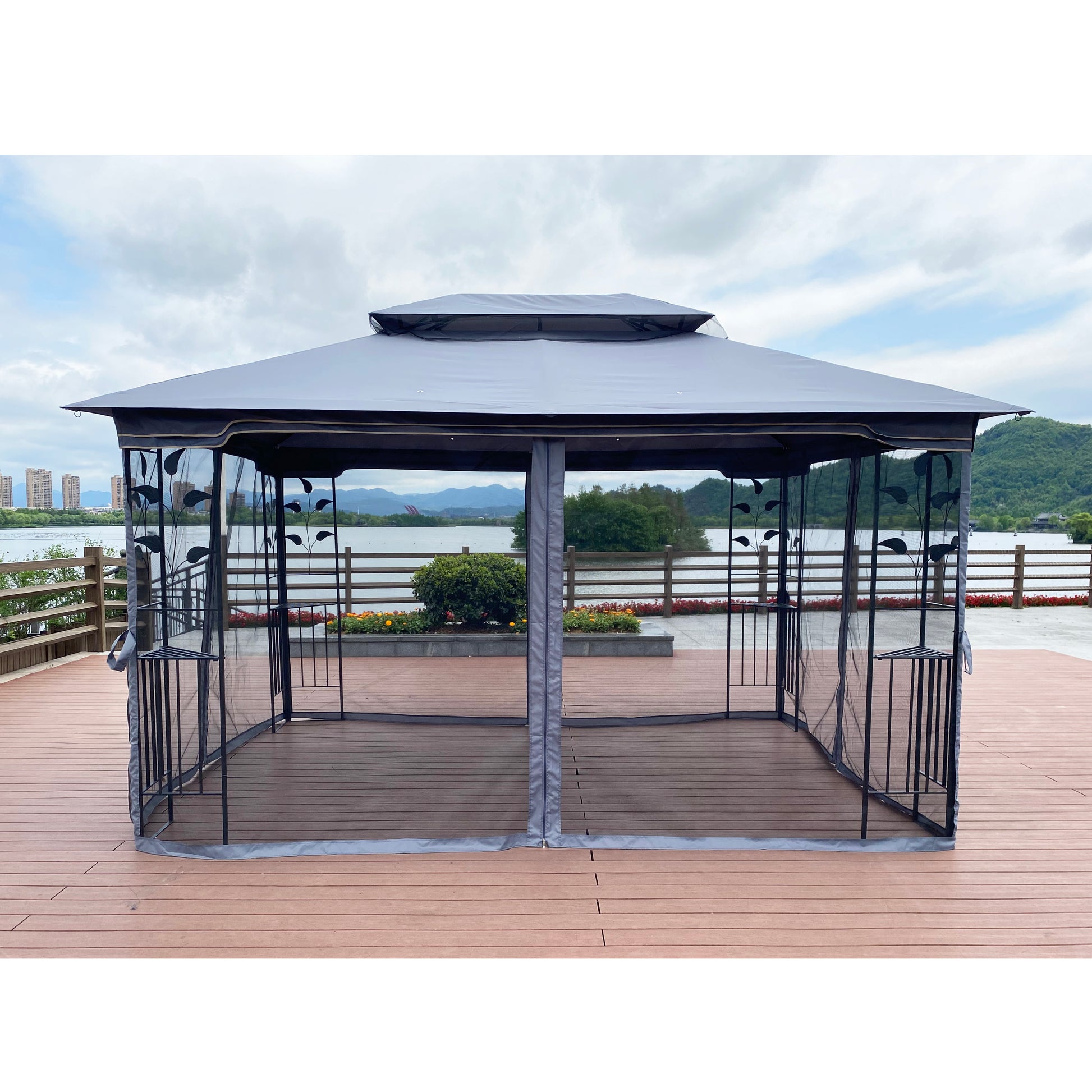 13X10 Outdoor Patio Gazebo Canopy Tent With Ventilated Double Roof And Mosquito Net Detachable Mesh Screen On All Sides ,Suitable For Lawn, Garden, Backyard And Deck,Gray Top Gray Metal