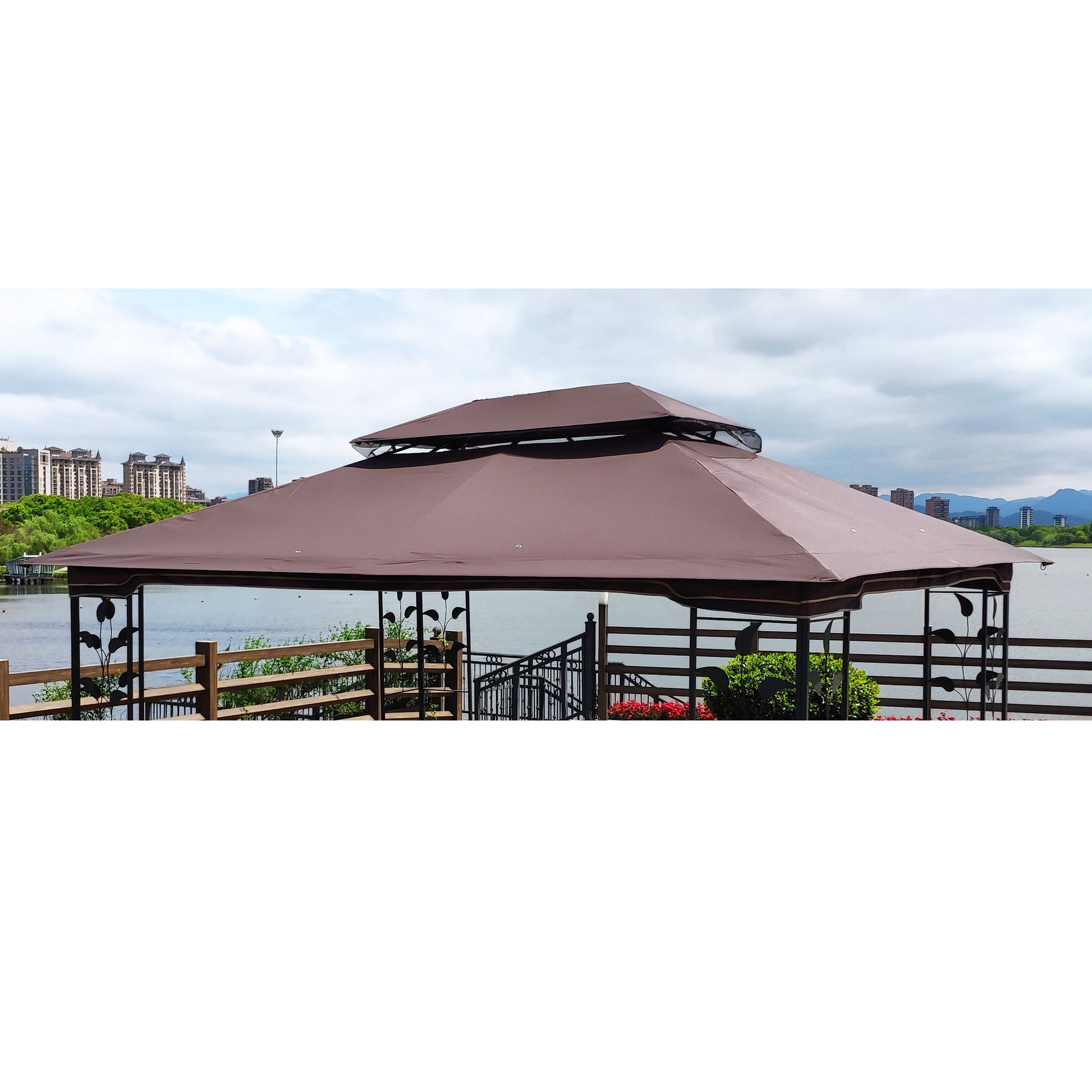 13X10 Ft Patio Double Roof Gazebo Replacement Canopy Top Fabric,Brown Brown Polyester
