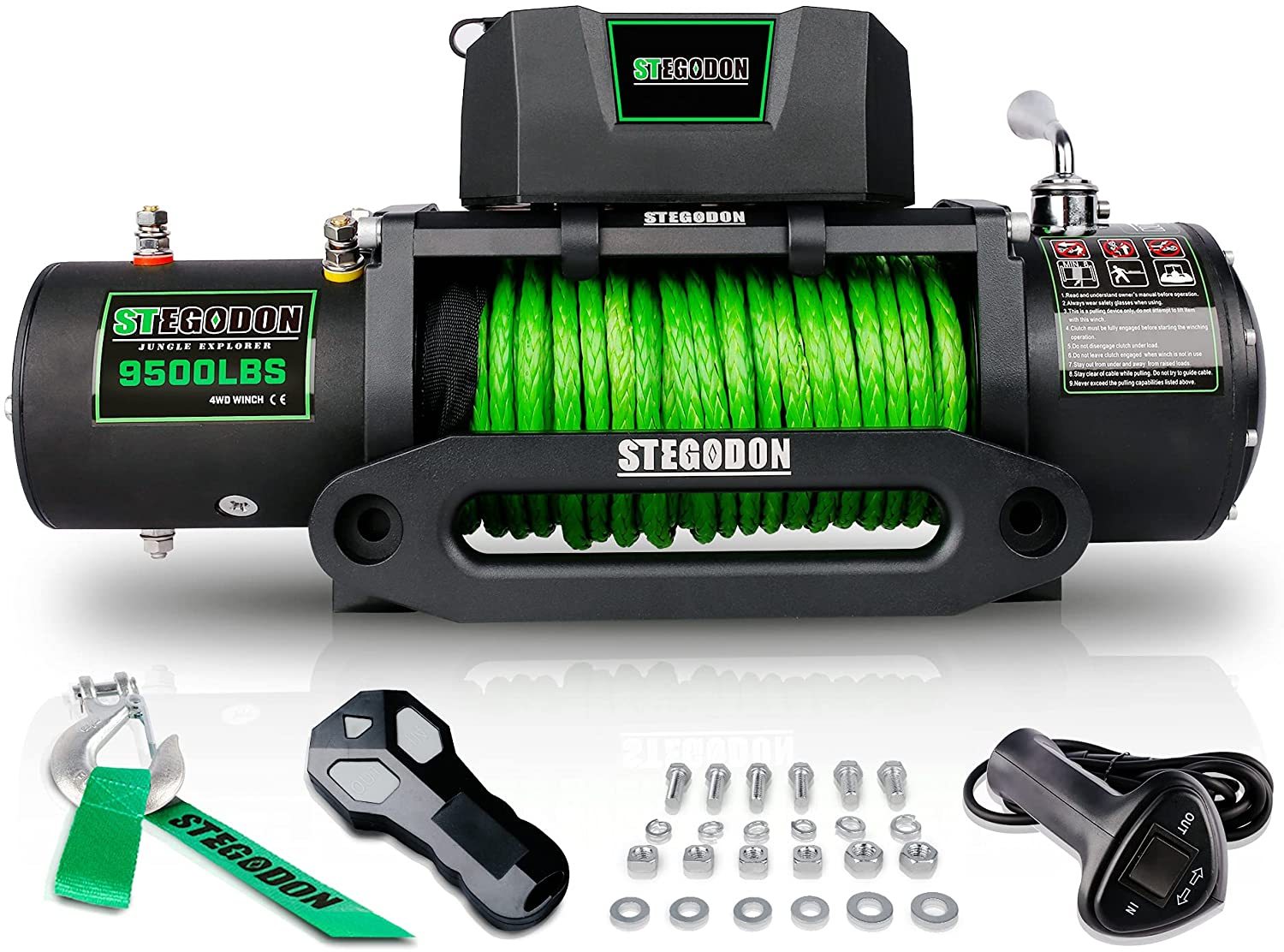 Stegodon 9500 Lb. Load Capacity Electric Winch S3,12V Waterproof Ip67 Electric Winch With Hawse Fairlead, Synthetic Rope Winch With Wireless Handheld Remote And Wired Handle Green Rope Black Aluminium