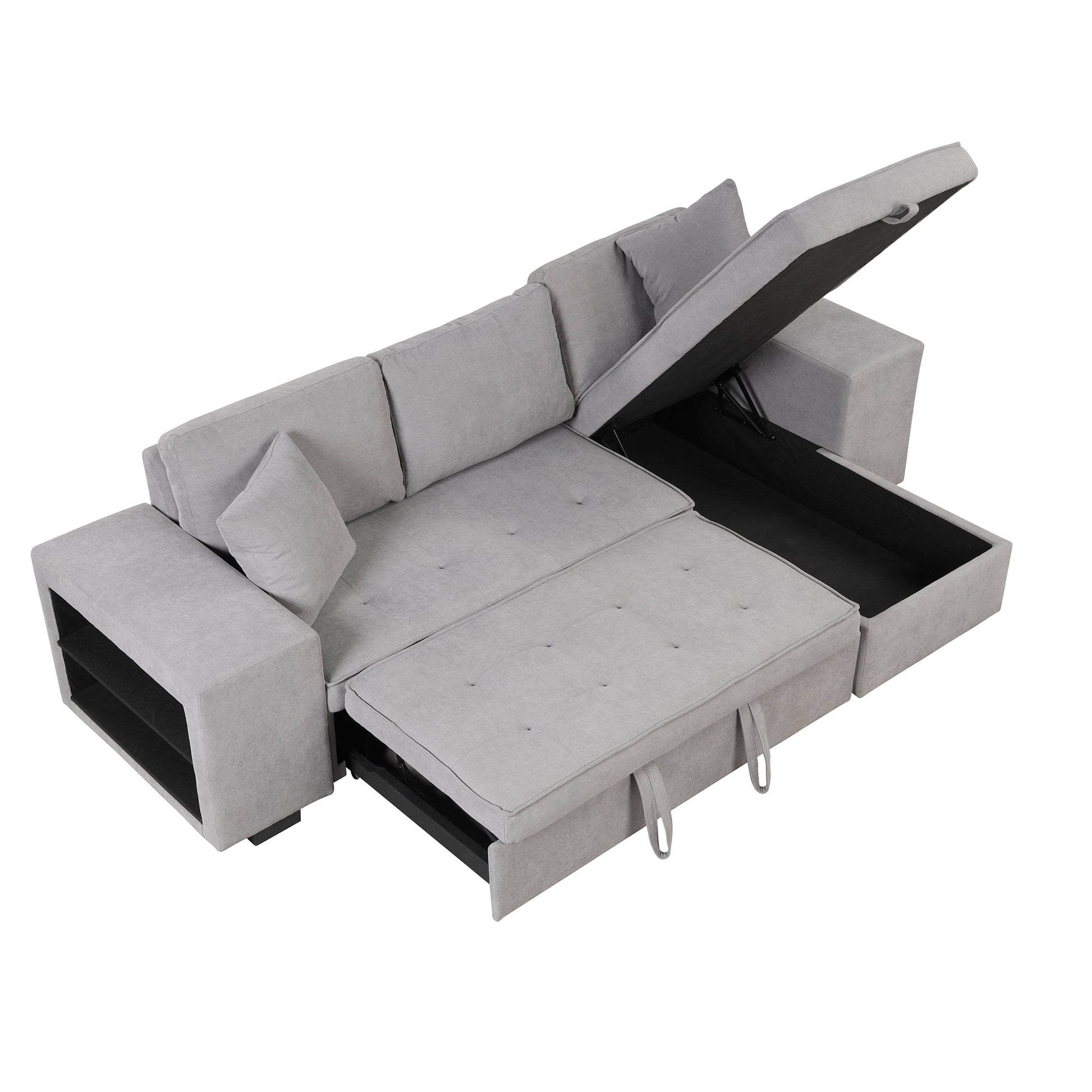 104.5" Pull Out Sleeper Sofa Reversible L Shape 3 Seat Sectional Couch With Storage Chaise And 2 Stools For Living Room Furniture Set,Gray Gray Foam Linen 3 Seat