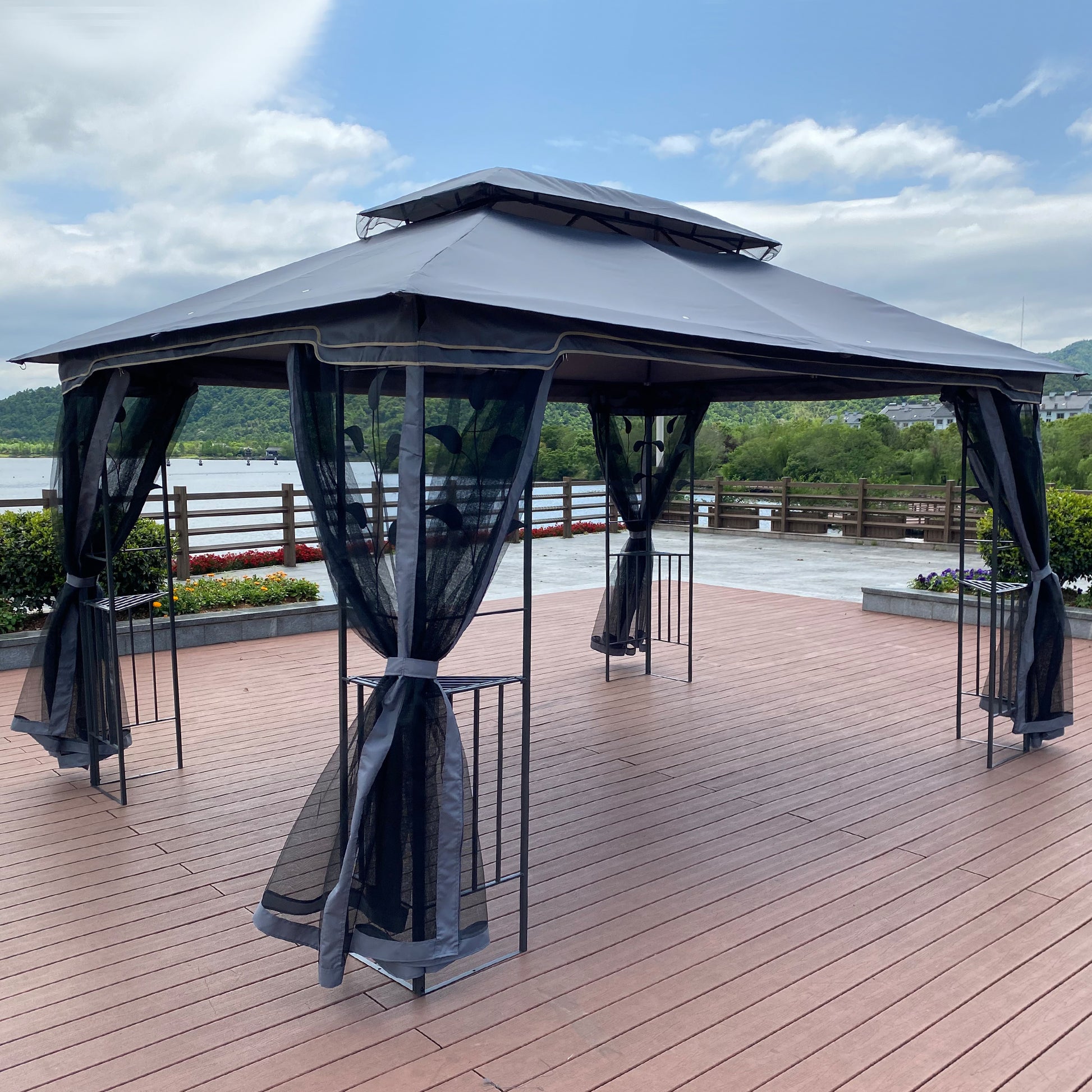 13X10 Outdoor Patio Gazebo Canopy Tent With Ventilated Double Roof And Mosquito Net Detachable Mesh Screen On All Sides ,Suitable For Lawn, Garden, Backyard And Deck,Gray Top Gray Metal