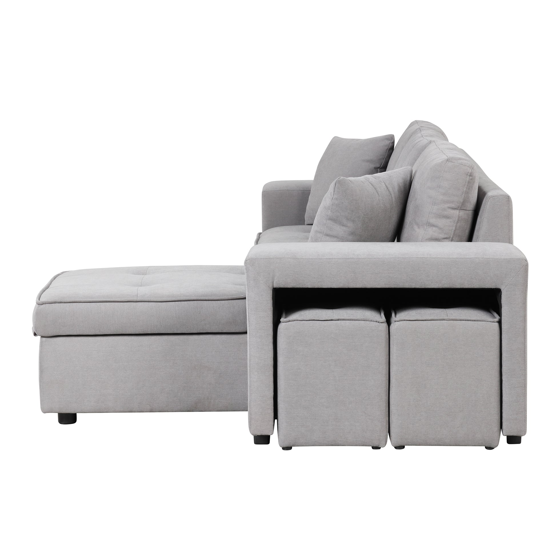 104.5" Pull Out Sleeper Sofa Reversible L Shape 3 Seat Sectional Couch With Storage Chaise And 2 Stools For Living Room Furniture Set,Gray Gray Foam Linen 3 Seat