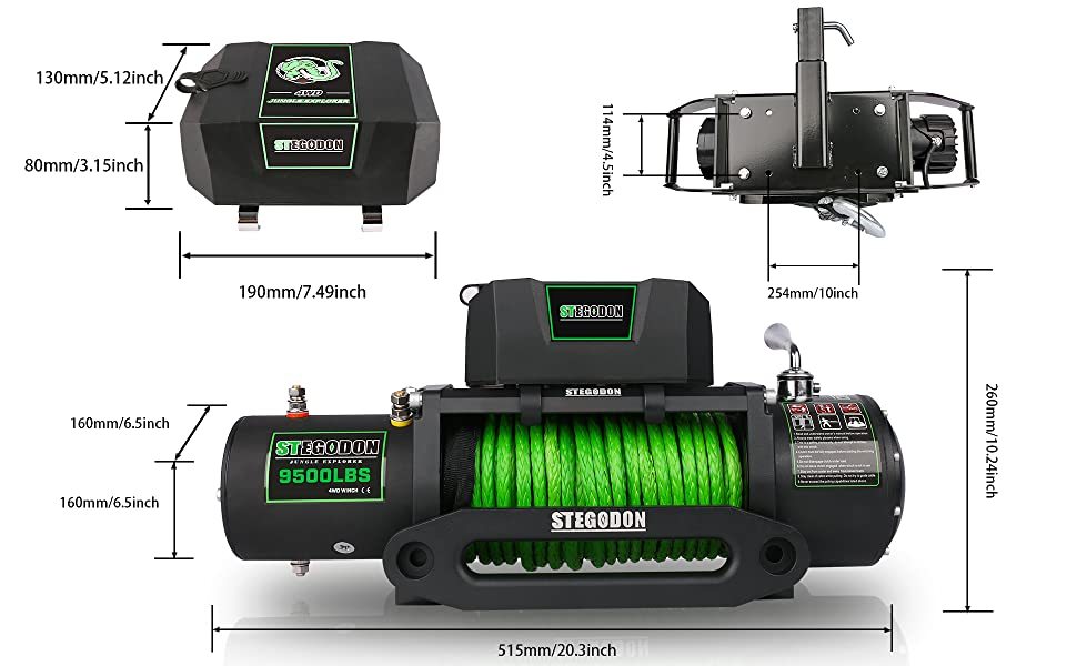 Stegodon 9500 Lb. Load Capacity Electric Winch S3,12V Waterproof Ip67 Electric Winch With Hawse Fairlead, Synthetic Rope Winch With Wireless Handheld Remote And Wired Handle Green Rope Black Aluminium