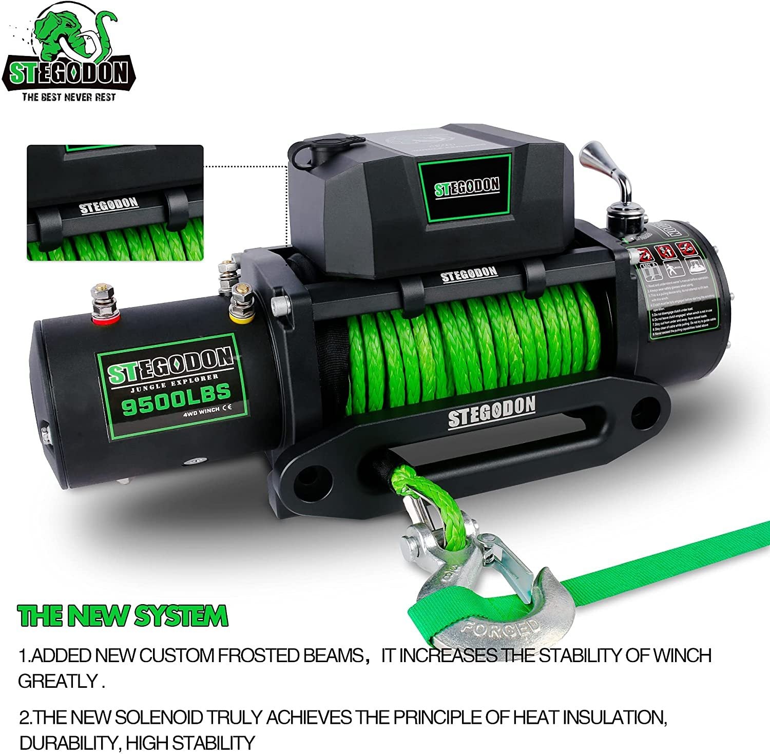 Stegodon 9500 Lb. Load Capacity Electric Winch S3,12V Waterproof Ip67 Electric Winch With Hawse Fairlead, Synthetic Rope Winch With Wireless Handheld Remote And Wired Handle Green Rope Black Aluminium