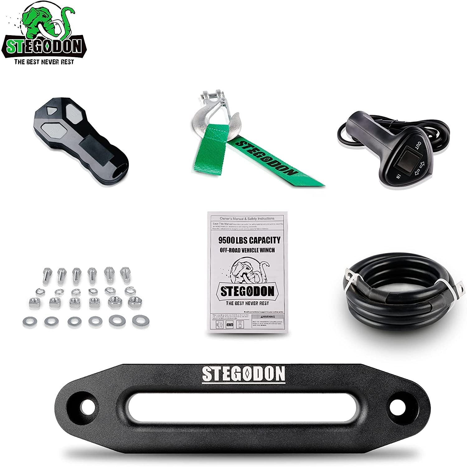 Stegodon 9500 Lb. Load Capacity Electric Winch S3,12V Waterproof Ip67 Electric Winch With Hawse Fairlead, Synthetic Rope Winch With Wireless Handheld Remote And Wired Handle Green Rope Black Aluminium