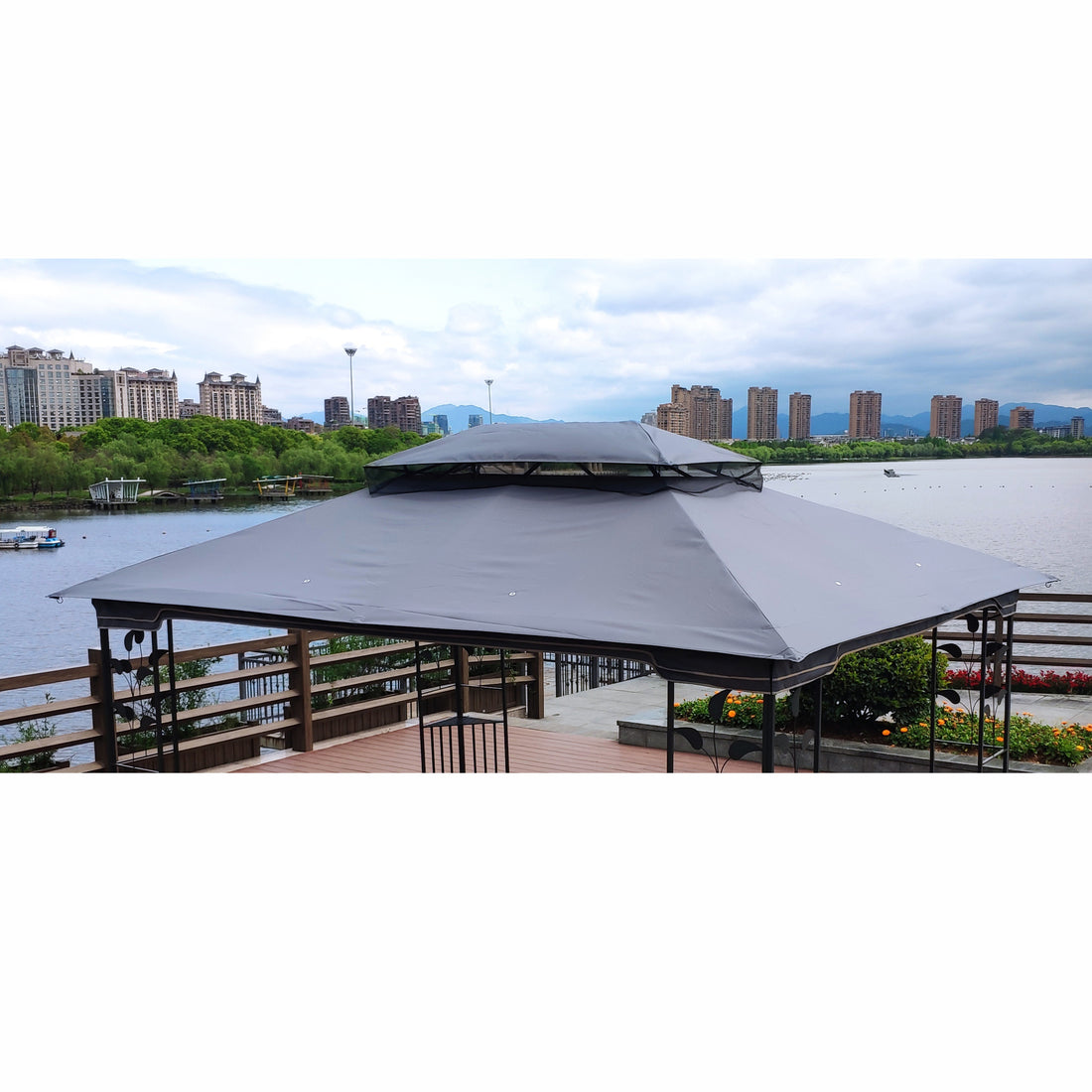 13X10 Ft Patio Double Roof Gazebo Replacement Canopy Top Fabric, Gray Gray Polyester