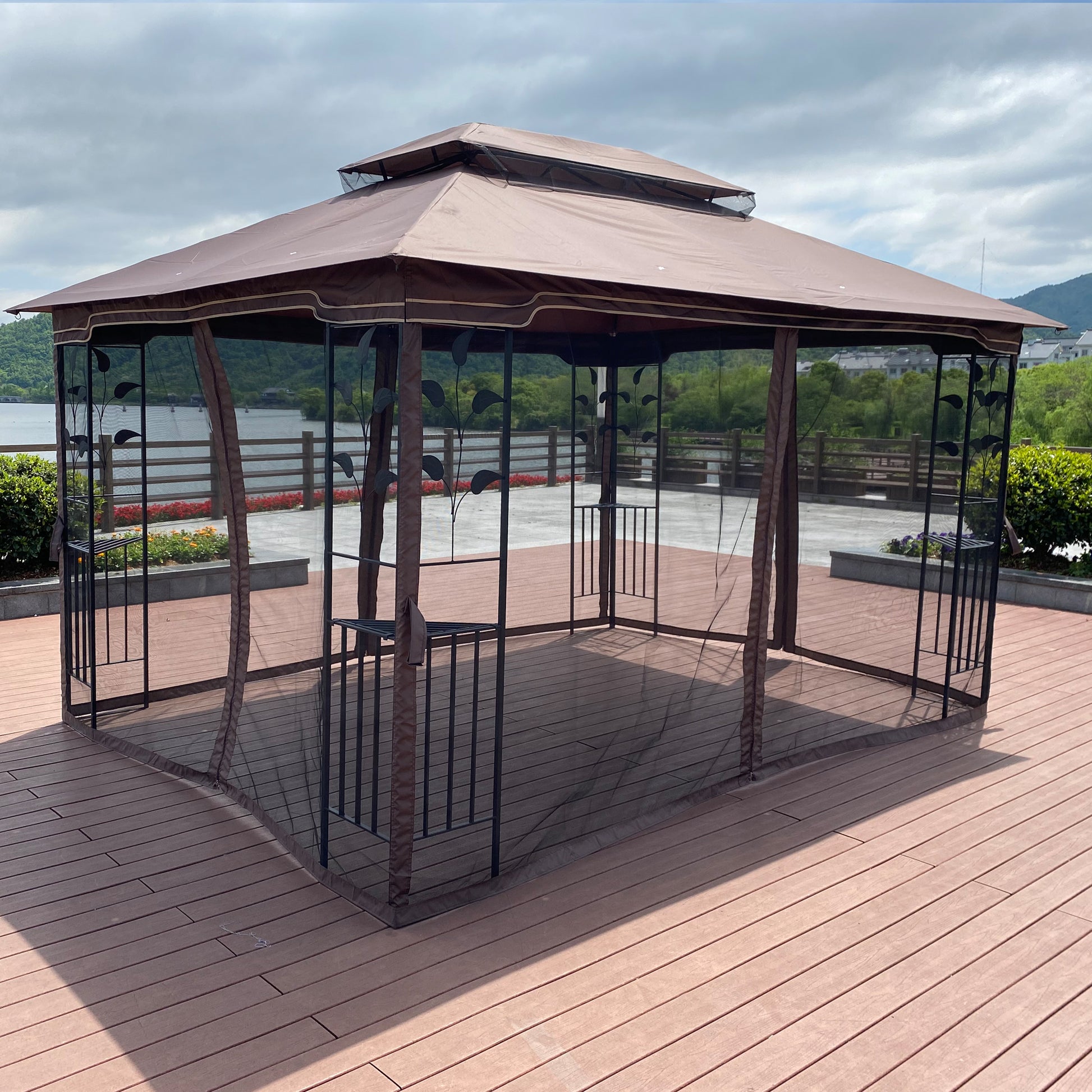 13X10 Outdoor Patio Gazebo Canopy Tent With Ventilated Double Roof And Mosquito Net Detachable Mesh Screen On All Sides ,Suitable For Lawn, Garden, Backyard And Deck,Brown Top Brown Metal