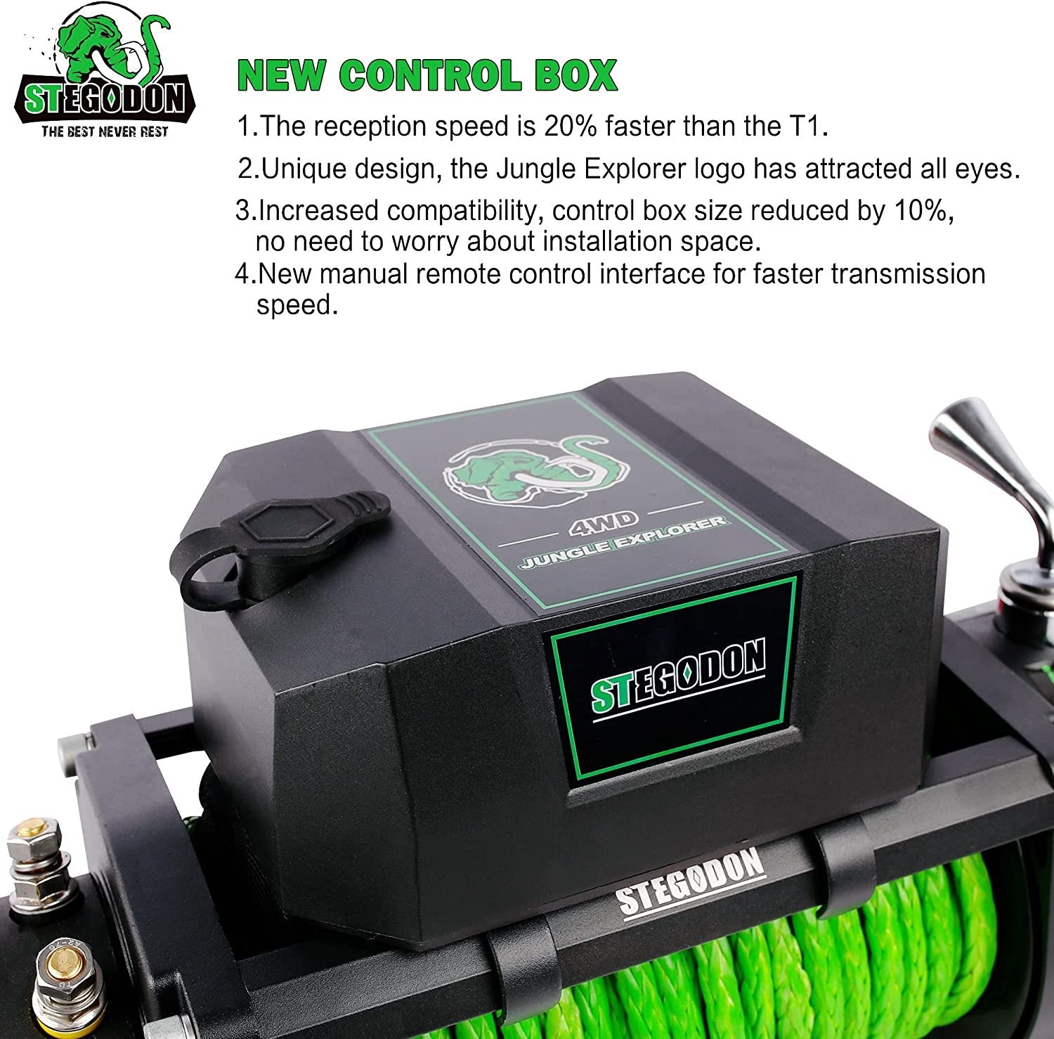 Stegodon 9500 Lb. Load Capacity Electric Winch S3,12V Waterproof Ip67 Electric Winch With Hawse Fairlead, Synthetic Rope Winch With Wireless Handheld Remote And Wired Handle Green Rope Black Aluminium