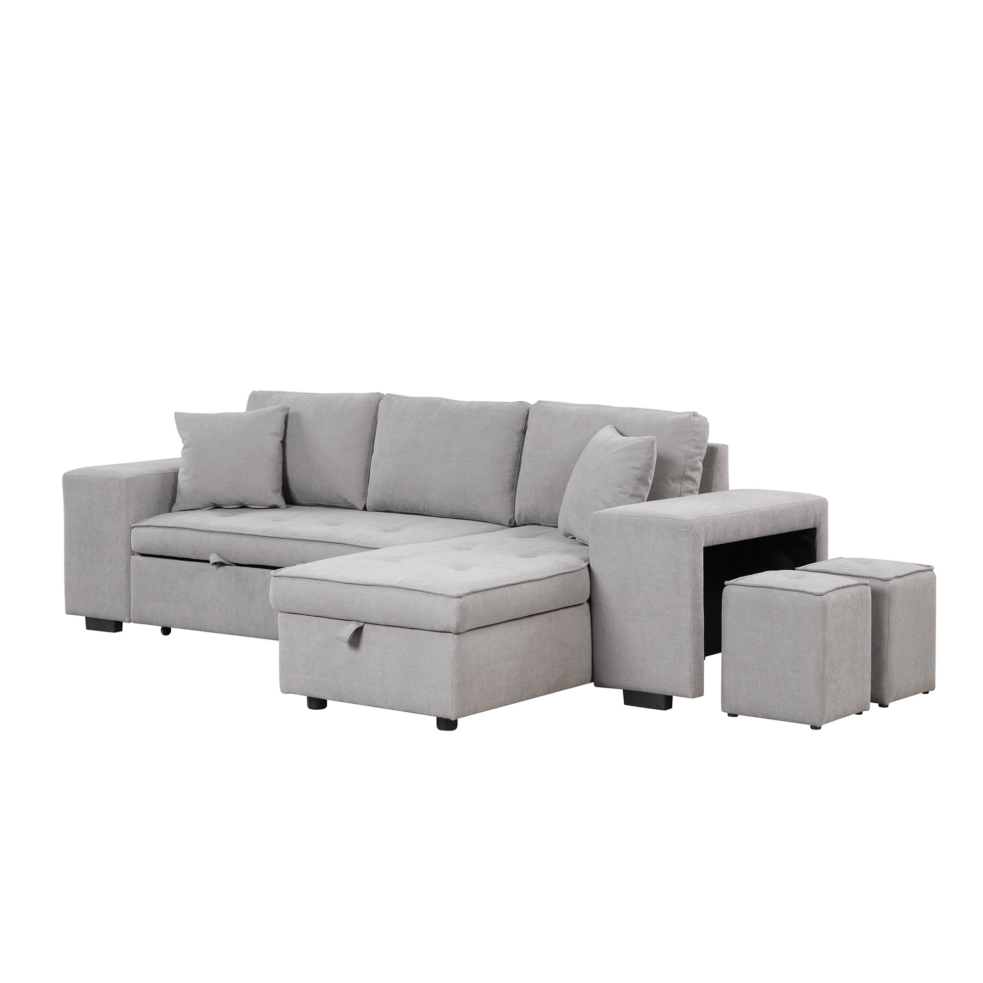 104.5" Pull Out Sleeper Sofa Reversible L Shape 3 Seat Sectional Couch With Storage Chaise And 2 Stools For Living Room Furniture Set,Gray Gray Foam Linen 3 Seat