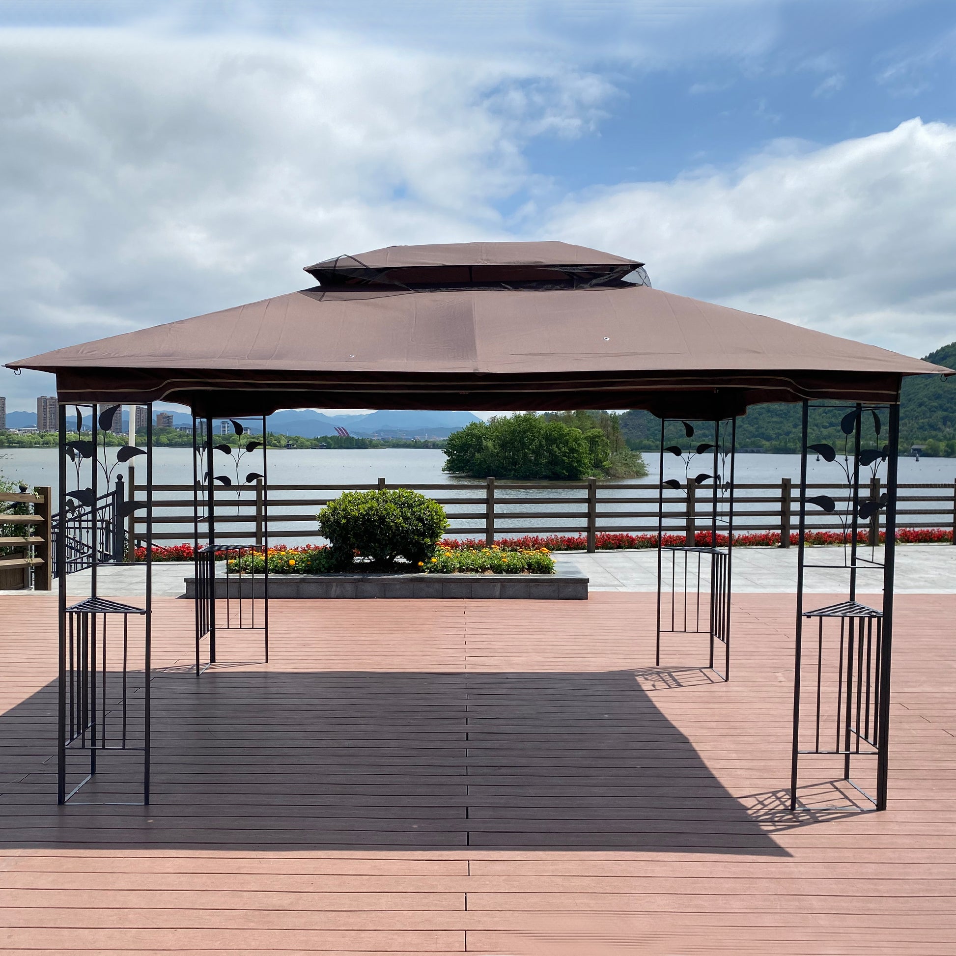 13X10 Outdoor Patio Gazebo Canopy Tent With Ventilated Double Roof And Mosquito Net Detachable Mesh Screen On All Sides ,Suitable For Lawn, Garden, Backyard And Deck,Brown Top Brown Metal