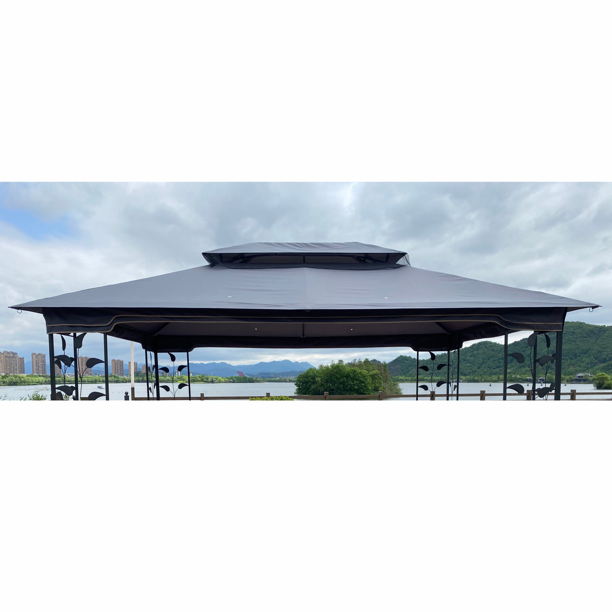 13X10 Ft Patio Double Roof Gazebo Replacement Canopy Top Fabric, Gray Gray Polyester