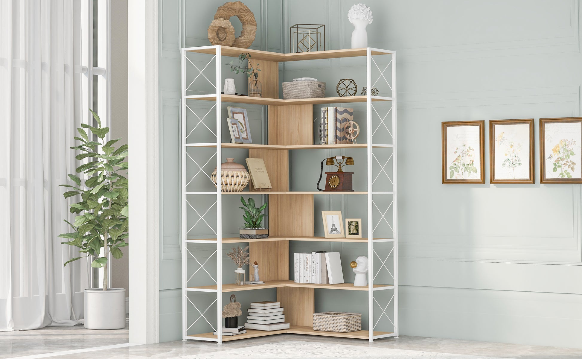 7 Tier Bookcase Home Office Bookshelf, L Shaped Corner Bookcase With Metal Frame, Industrial Style Shelf With Open Storage, Mdf Board Oak Mdf