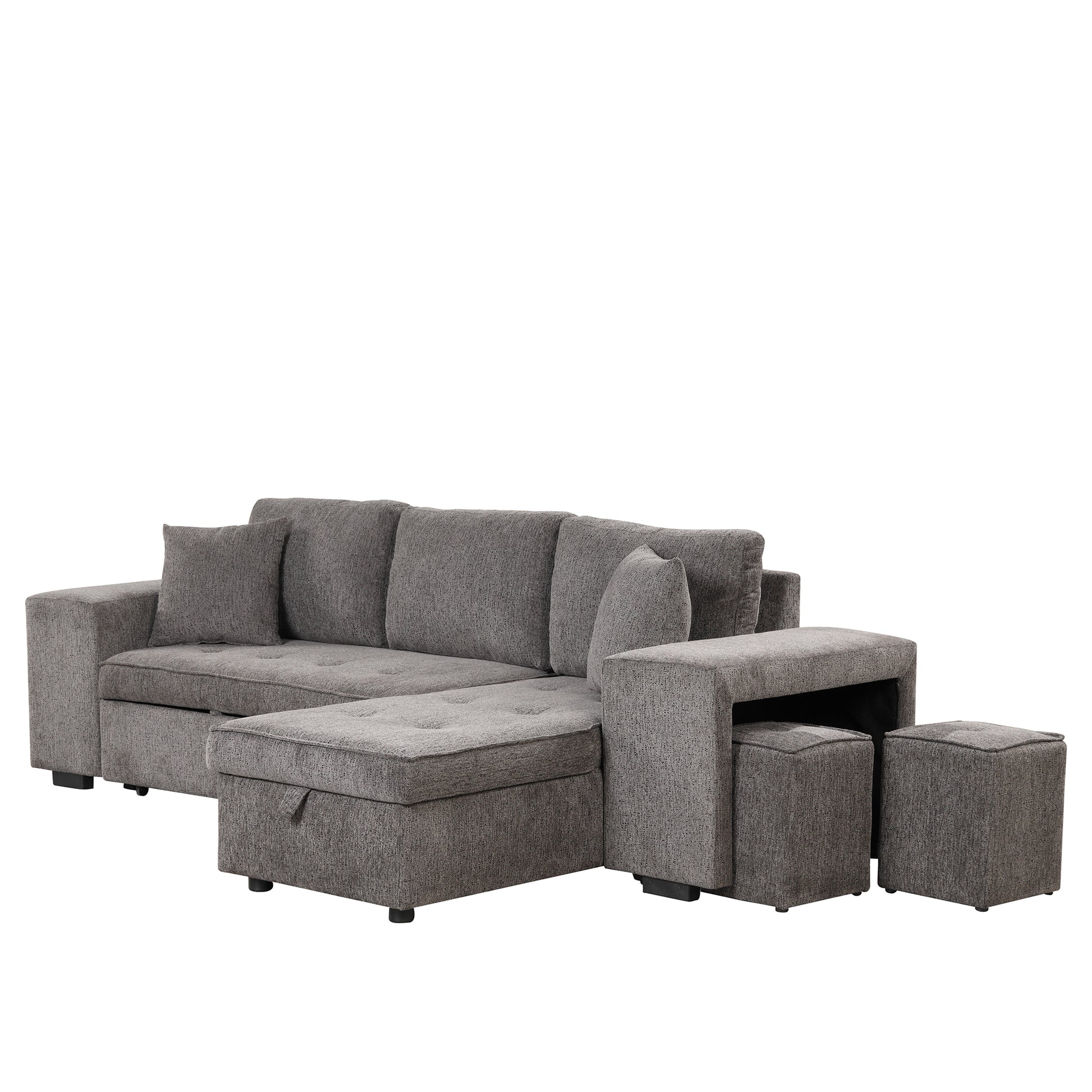 104.5" Modern L Shape 3 Seat Reversible Sectional Couch, Pull Out Sleeper Sofa With Storage Chaise And 2 Stools For Living Room Furniture Set,Knox Charcoal Old Sku:Sg000431Aaa Knox Charcoal Foam Linen 3 Seat