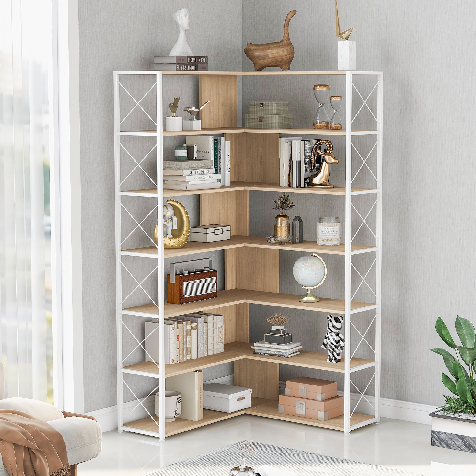 7 Tier Bookcase Home Office Bookshelf, L Shaped Corner Bookcase With Metal Frame, Industrial Style Shelf With Open Storage, Mdf Board Oak Mdf