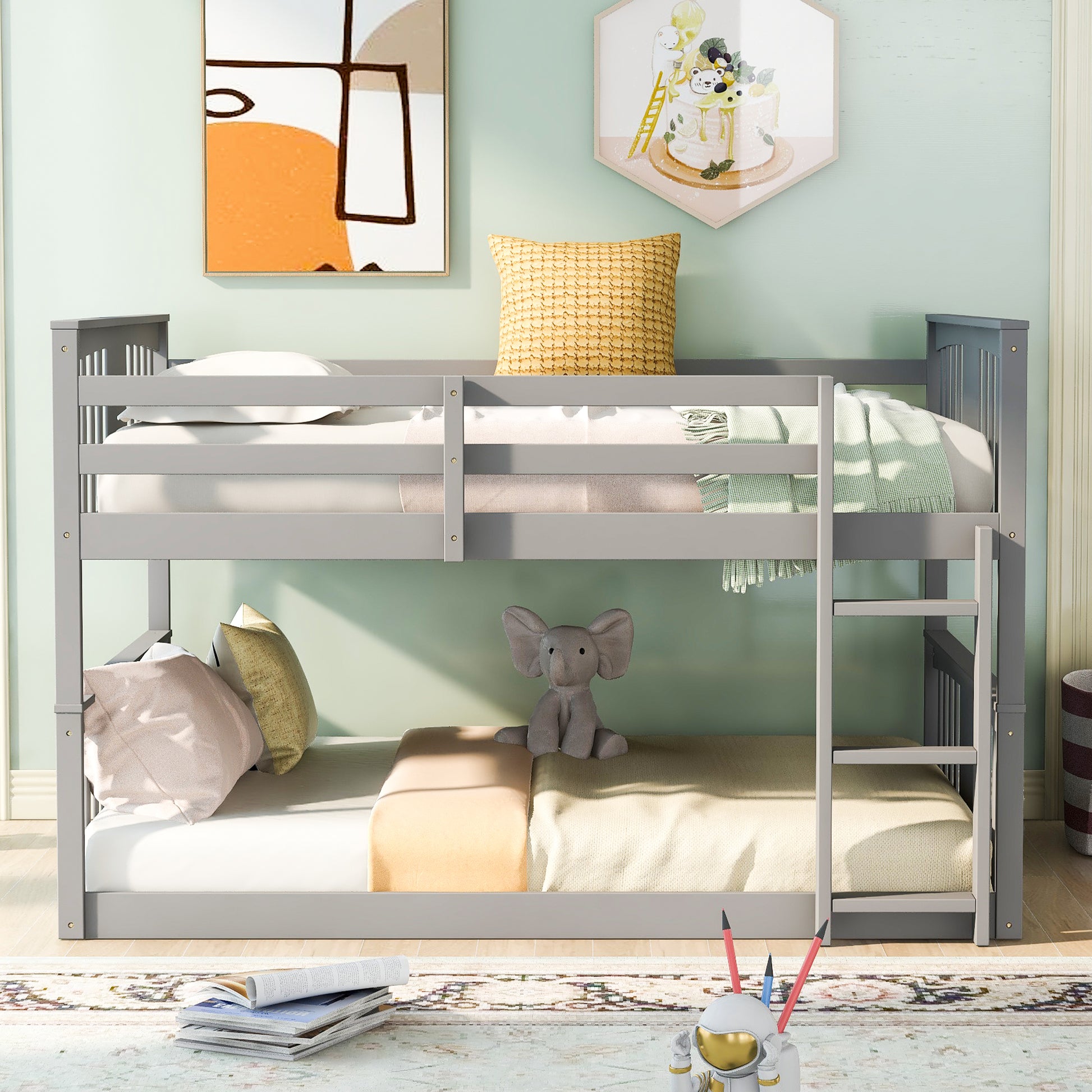 Full Over Full Bunk Bed With Ladder, Gray Old Sku :Lp000207Aae Full Gray Solid Wood