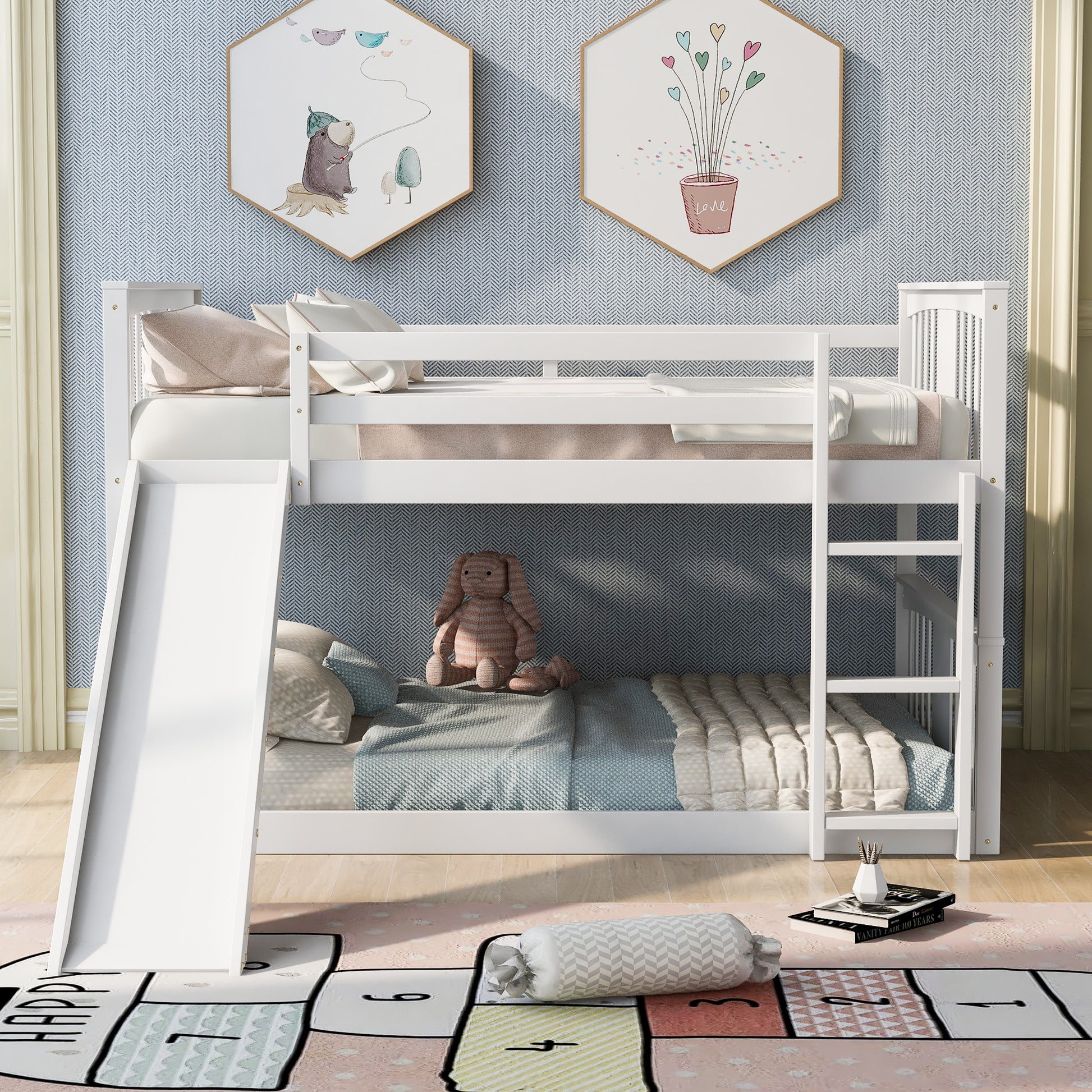 Full Over Full Bunk Bed With Ladder With Slide, White Old Sku :Lp000208Aak White Solid Wood