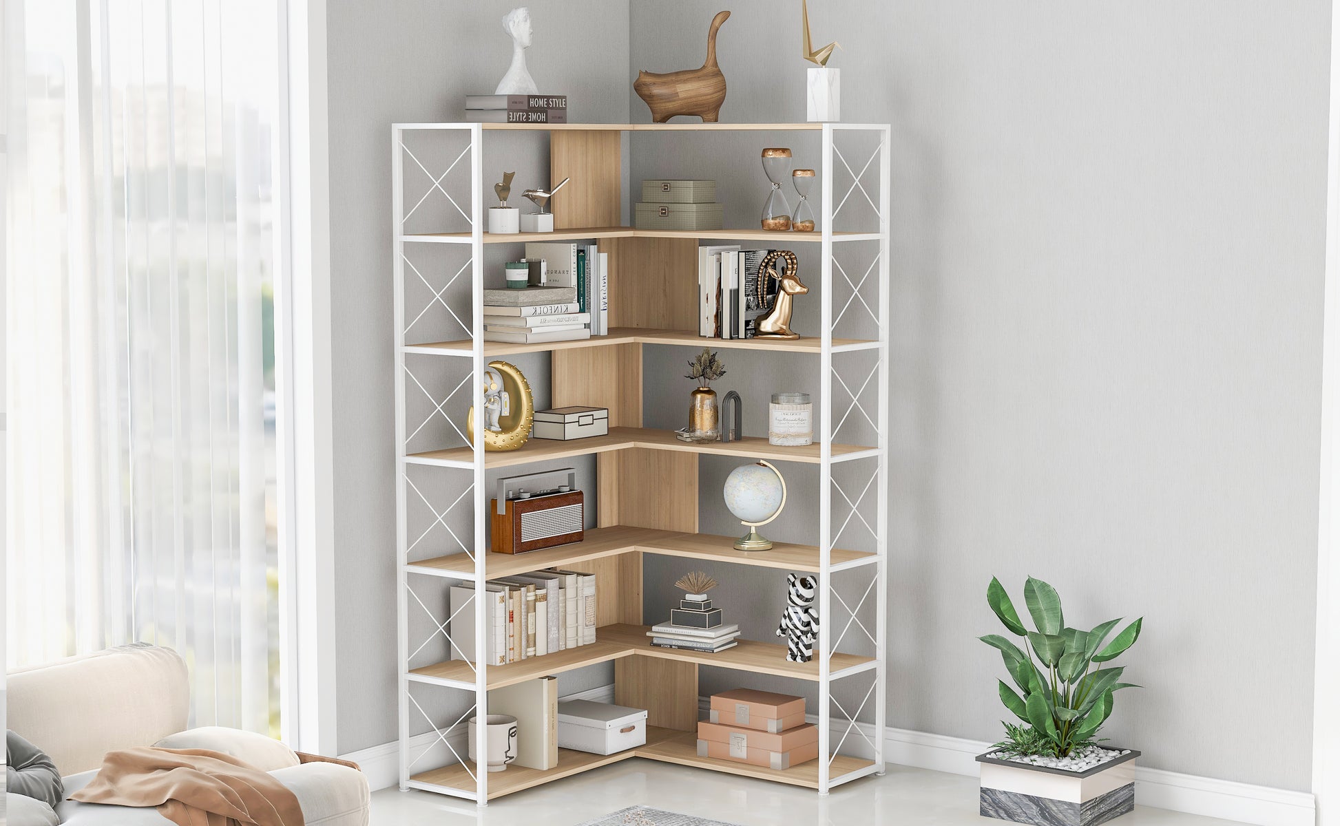 7 Tier Bookcase Home Office Bookshelf, L Shaped Corner Bookcase With Metal Frame, Industrial Style Shelf With Open Storage, Mdf Board Oak Mdf