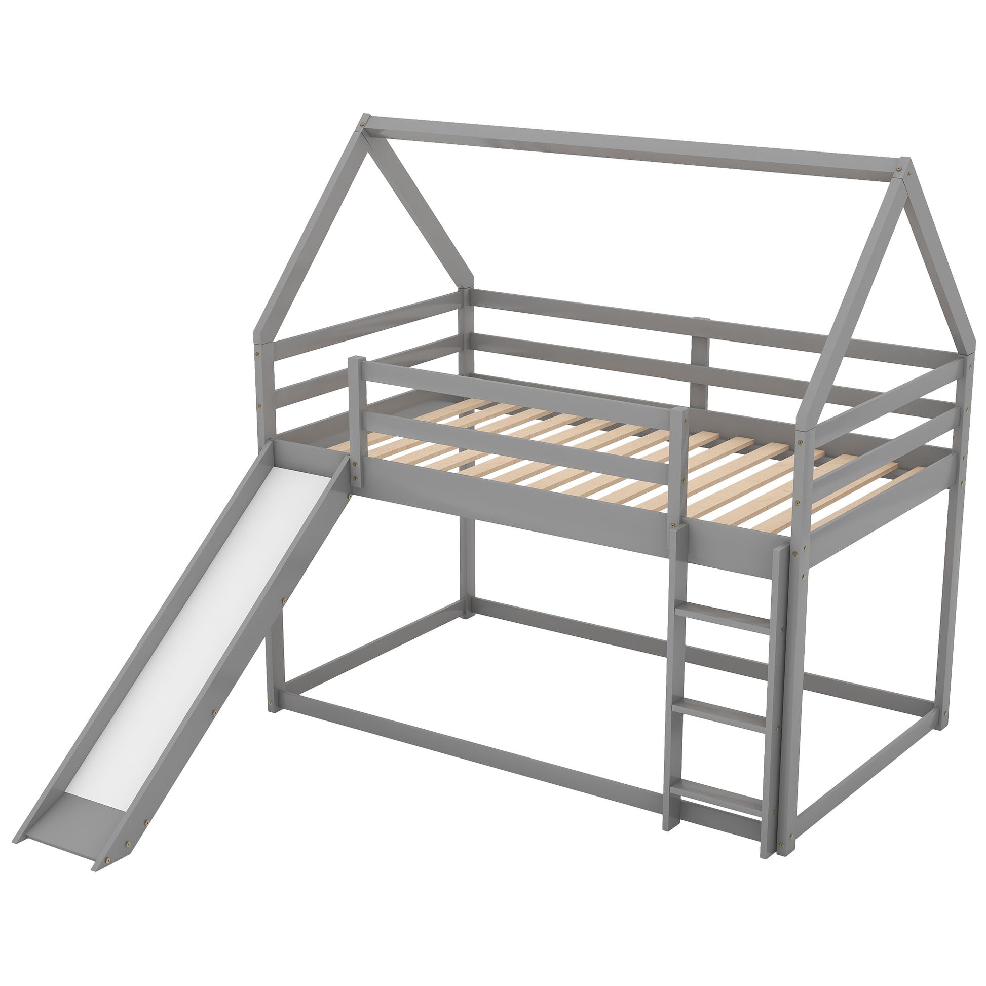 Twin Size Bunk House Bed With Slide And Ladder,Gray Twin Gray Pine