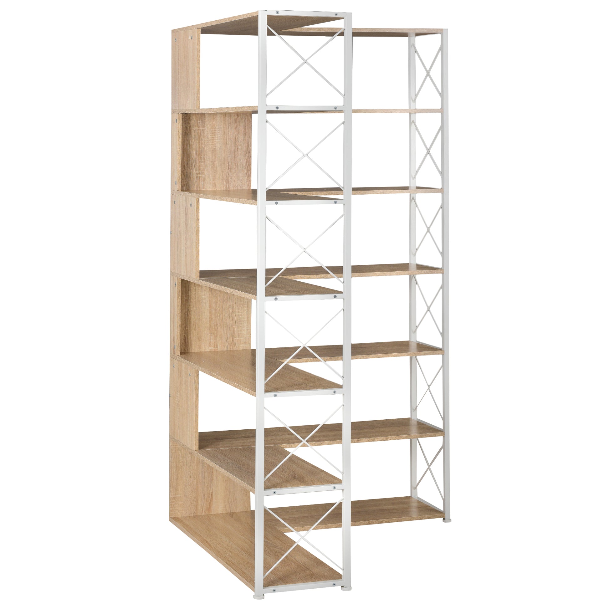 7 Tier Bookcase Home Office Bookshelf, L Shaped Corner Bookcase With Metal Frame, Industrial Style Shelf With Open Storage, Mdf Board Oak Mdf