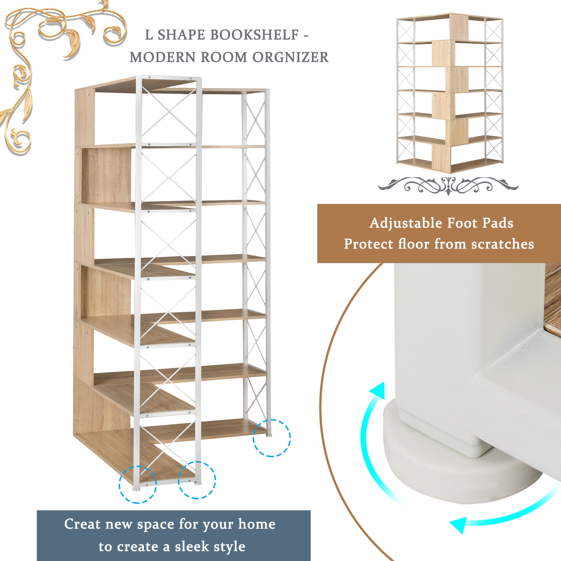 7 Tier Bookcase Home Office Bookshelf, L Shaped Corner Bookcase With Metal Frame, Industrial Style Shelf With Open Storage, Mdf Board Oak Mdf