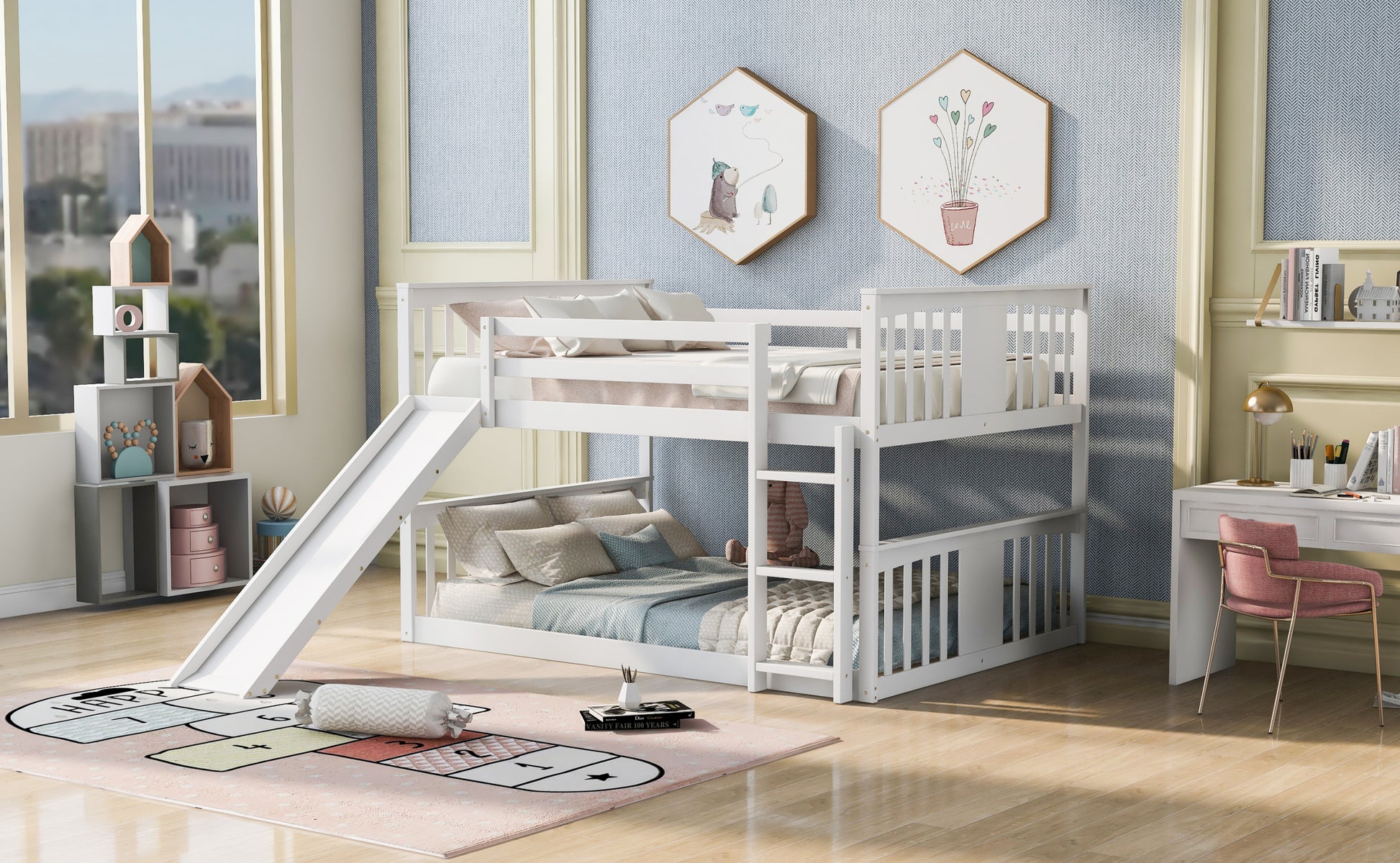 Full Over Full Bunk Bed With Ladder With Slide, White Old Sku :Lp000208Aak White Solid Wood