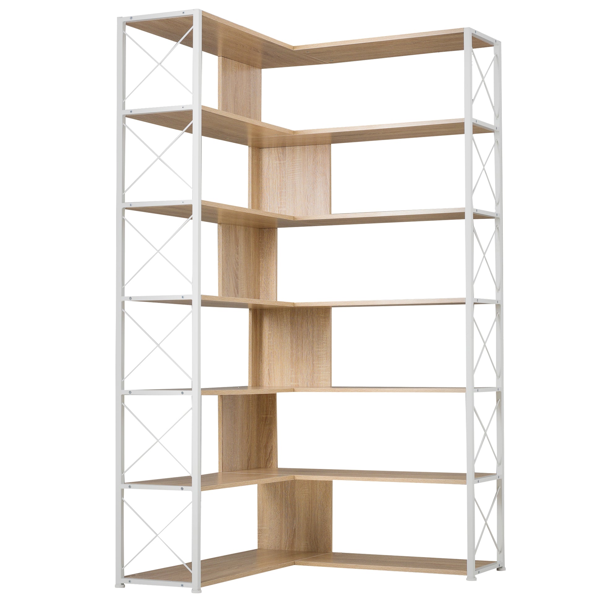 7 Tier Bookcase Home Office Bookshelf, L Shaped Corner Bookcase With Metal Frame, Industrial Style Shelf With Open Storage, Mdf Board Oak Mdf