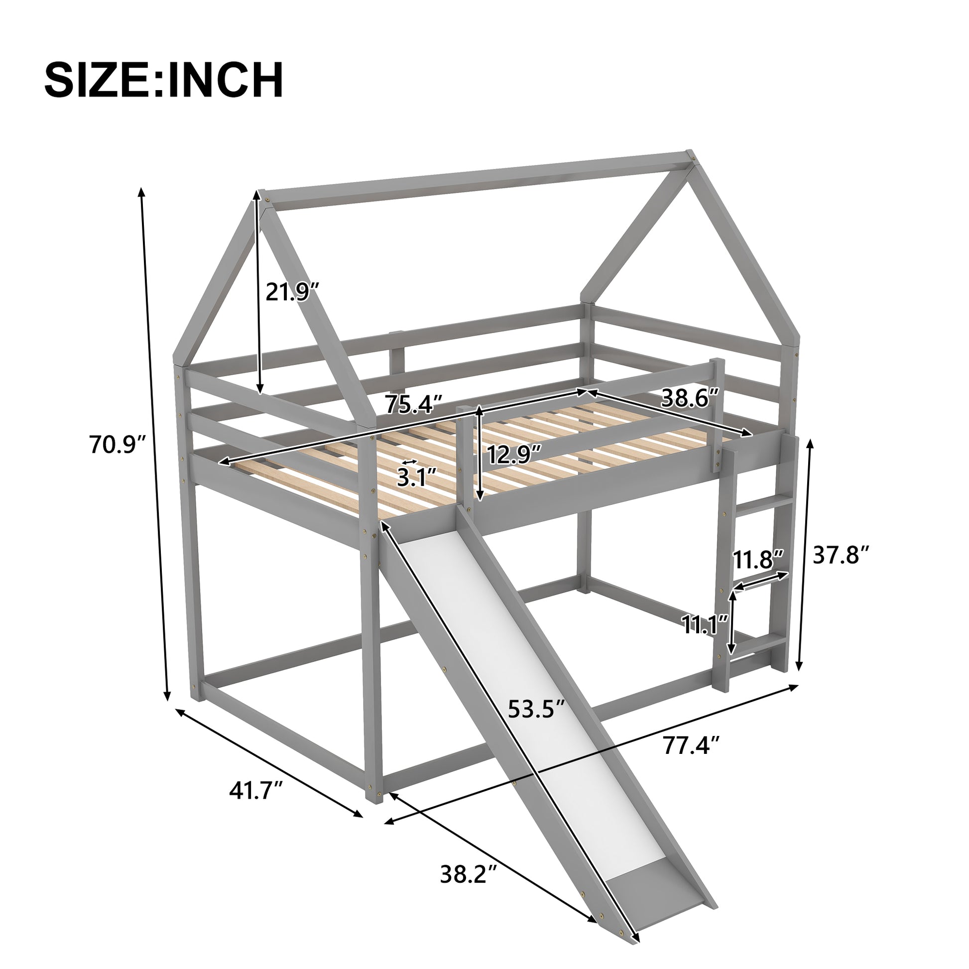 Twin Size Bunk House Bed With Slide And Ladder,Gray Twin Gray Pine